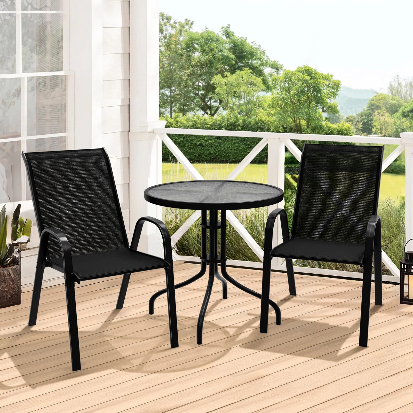 2 Alfordson 3PCS Outdoor Furniture Patio Table and Chairs Set Garden Round - Black, 2 of 10