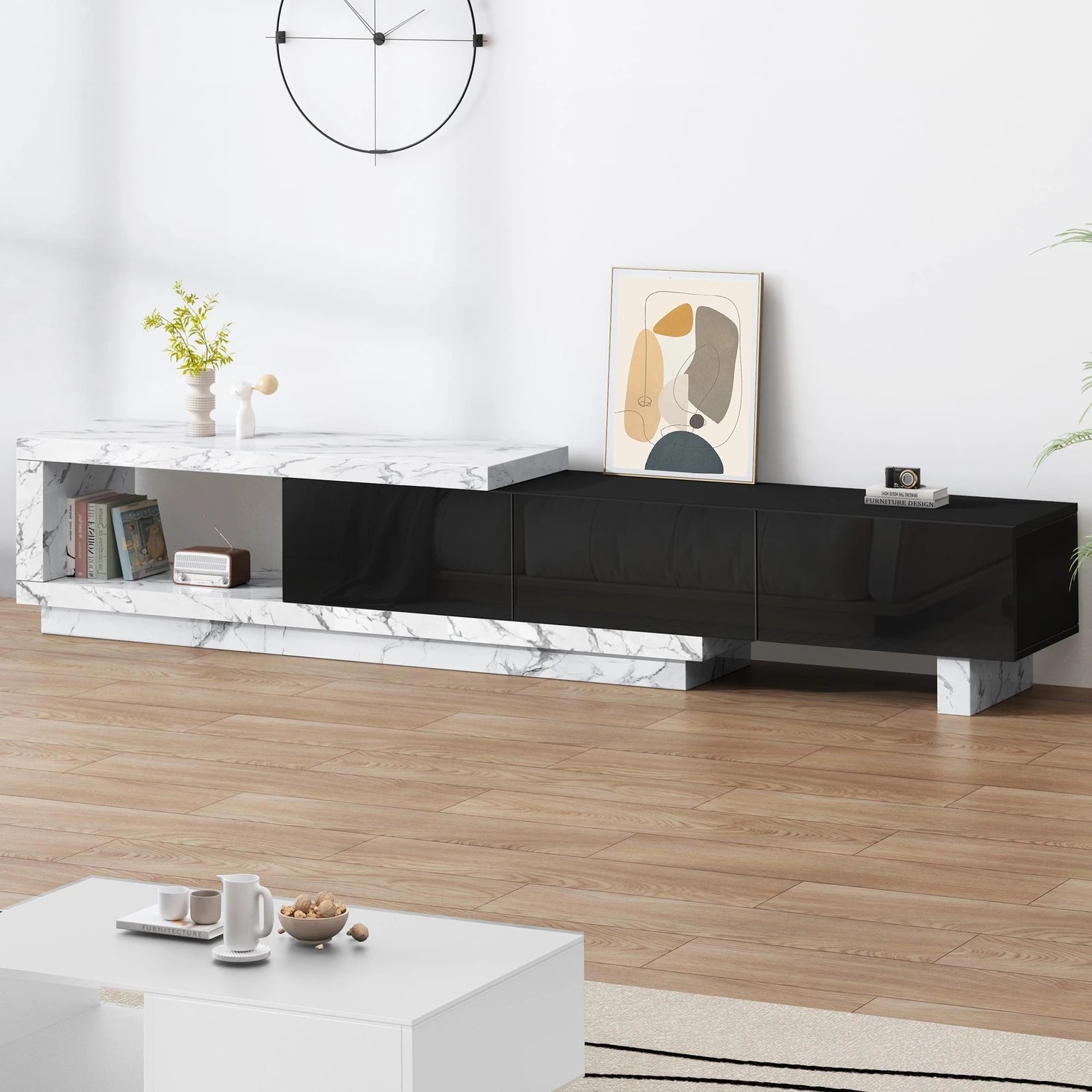 9 Alfordson 190-280cm Extendable Entertainment Unit TV Stand Cabinet Drawer - Marble Black, 9 of 9
