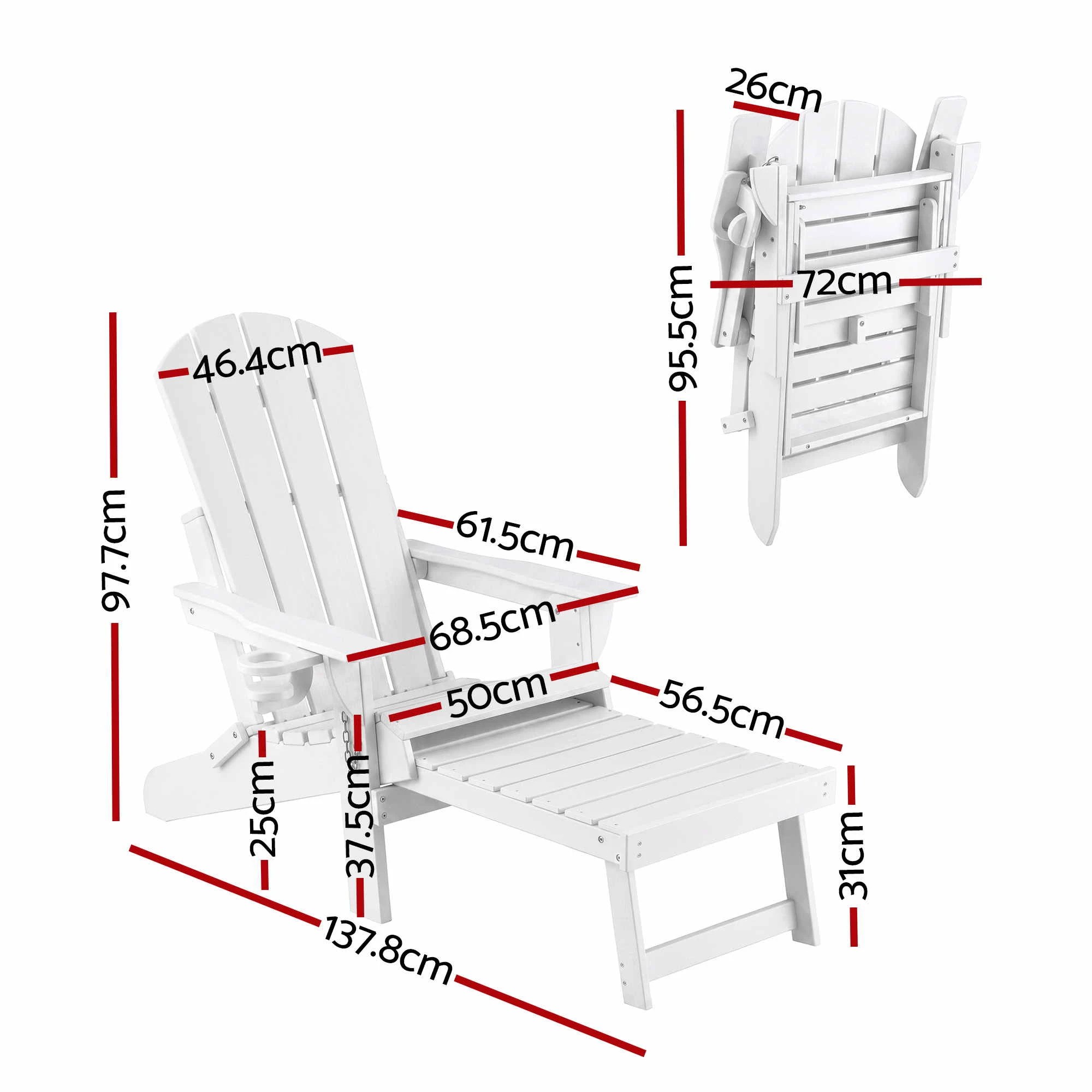 4 Gardeon Folding Sun Lounger Adirondack Chair Outdoor Lounge Setting HDPE Recliner Footrest - White, 4 of 9