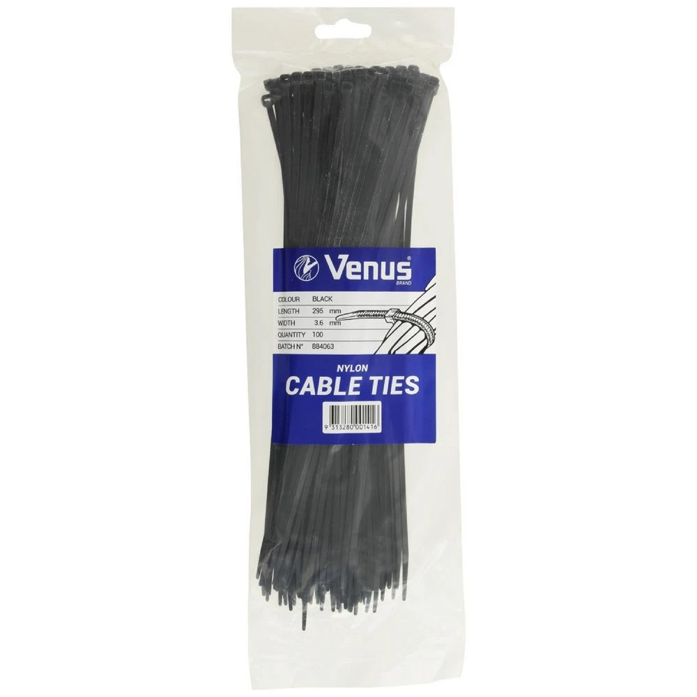 1 Venus Cable Ties 295 x 3.6 mm Black 100 Pack, 1 of 3