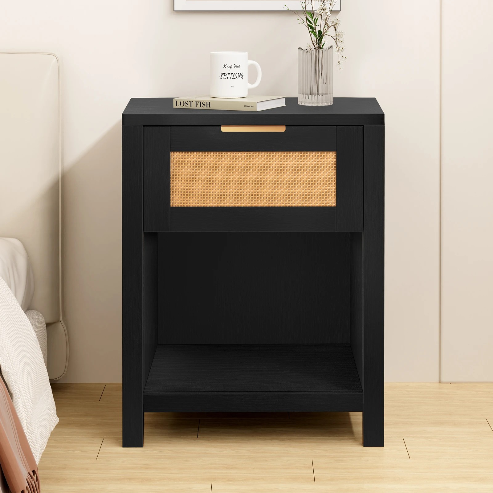 6 Alfordson 2x Bedside Table 1 Drawer Storage Shelf - Black, 6 of 10