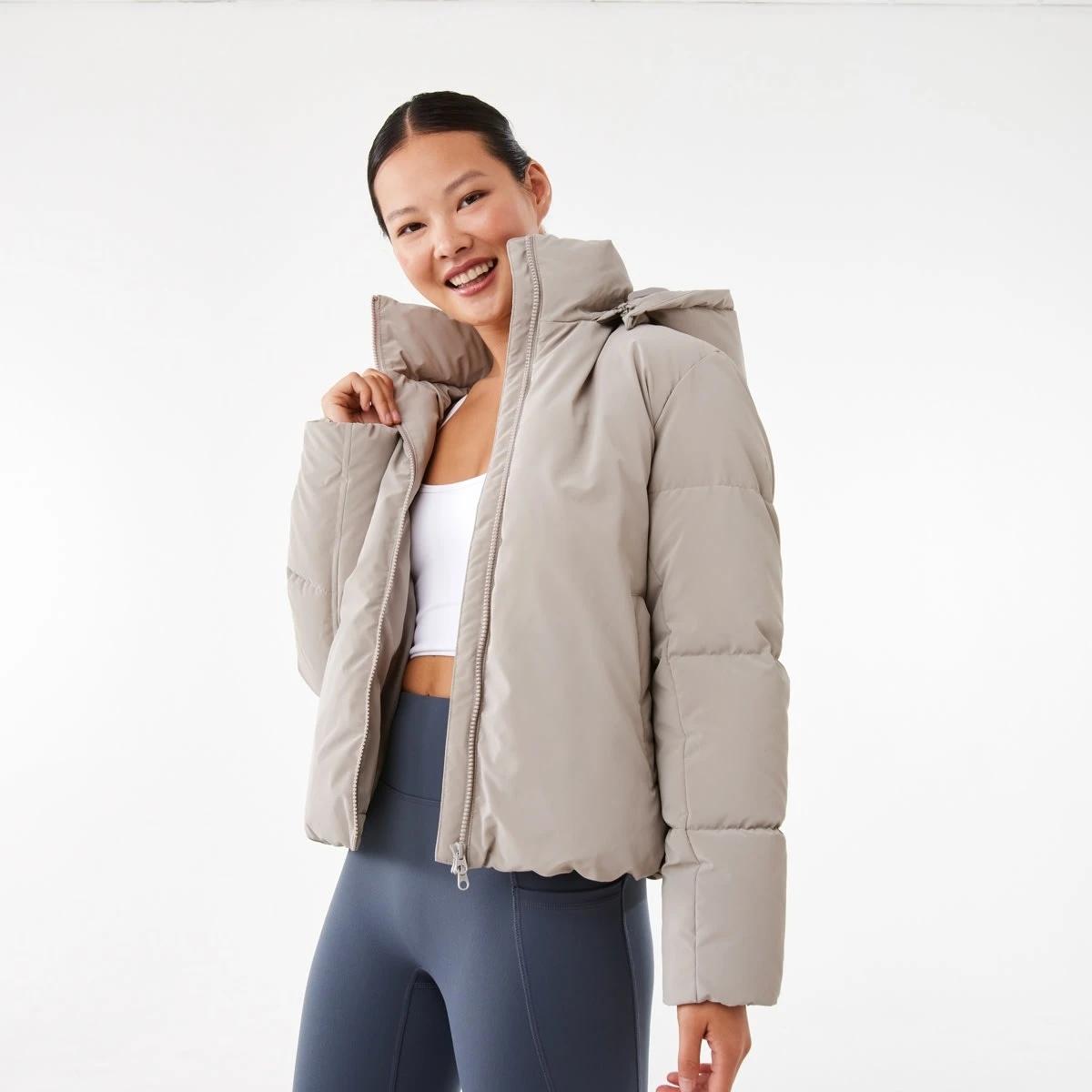 1 Active Womens Mid Length Puffer Jacket Porp Gry, 1 of 8