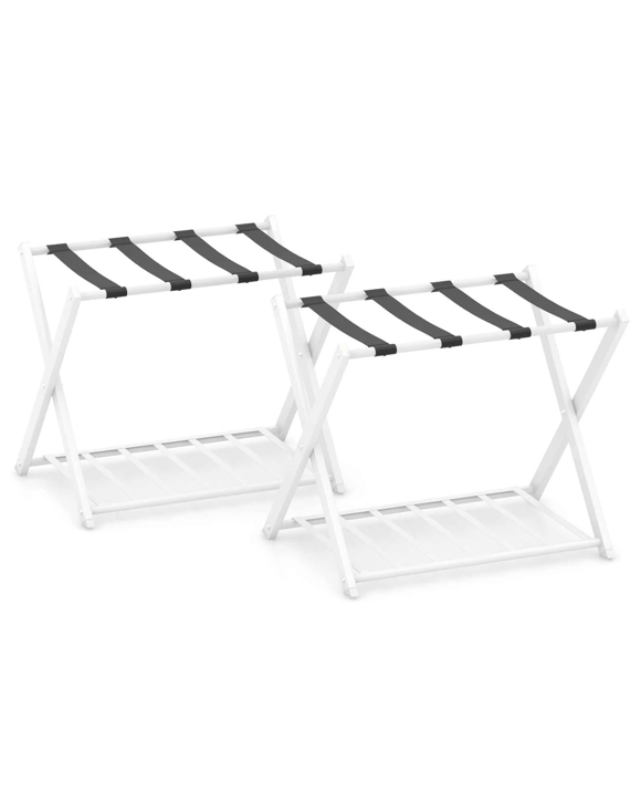 Costway 2x Folding Iron Luggage Rack Suitcase Stand w/Shelf Bag Suitcase Storage - White