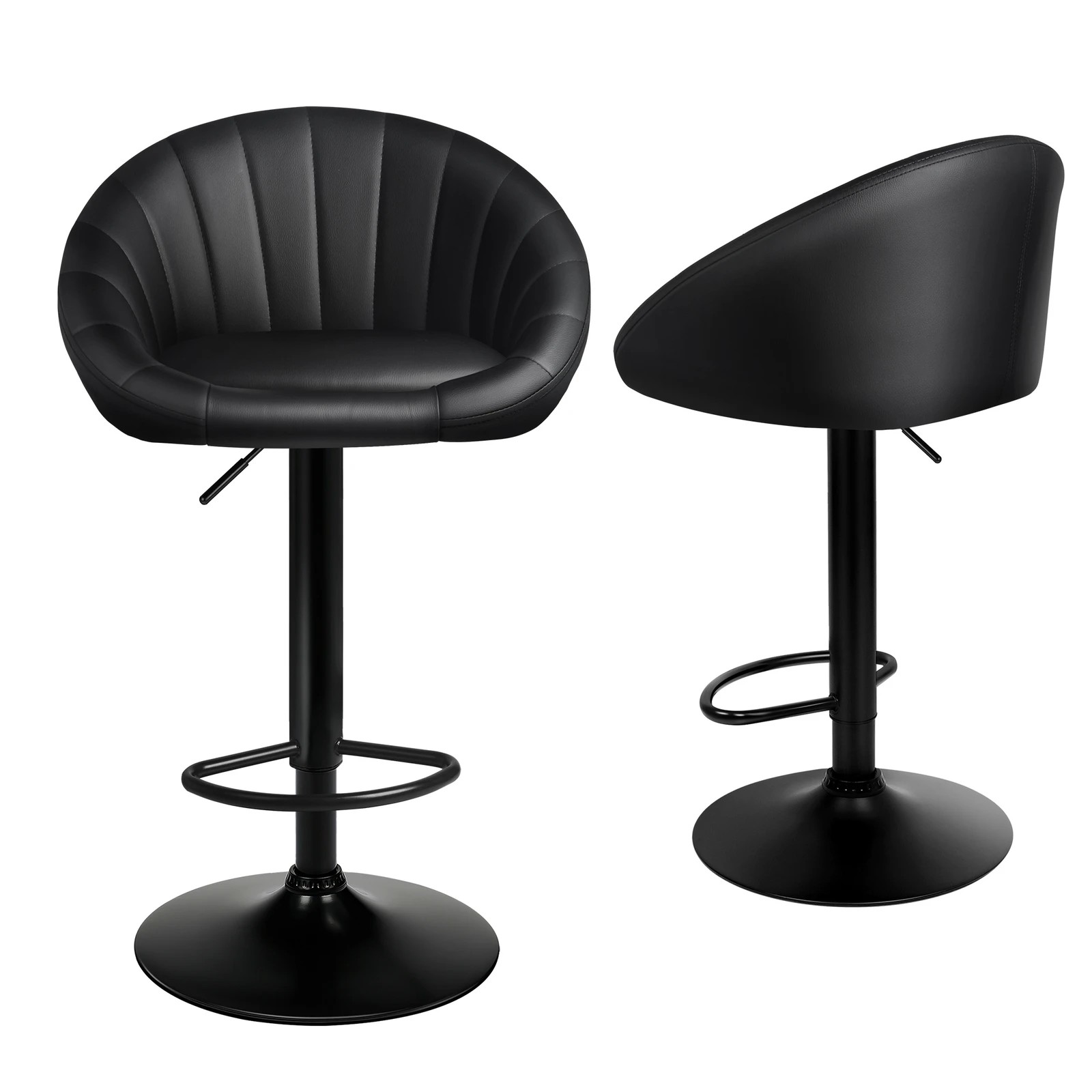 1 Alfordson 2x Bar Stools Gas Lift Leather Chairs Kitchen Swivel - All Black, 1 of 10