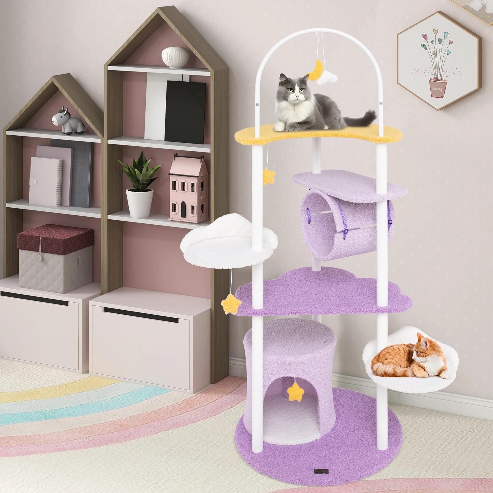 5 Costway 158cm Multi-level Cat Tree Sky-Theme Kitty Climbing Tower w/Hanging Toys, 5 of 7