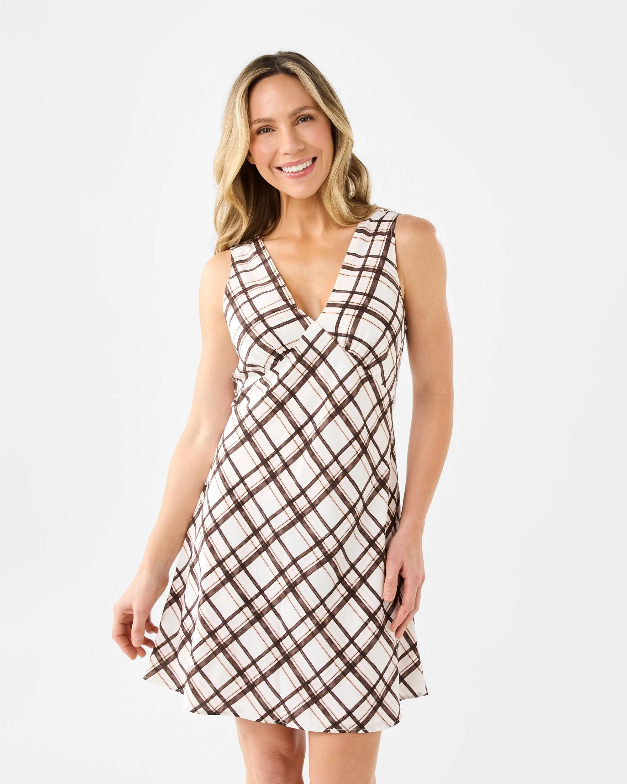 1 Sleeveless Crepe V-Neck Mini Dress Check Coco, 1 of 8
