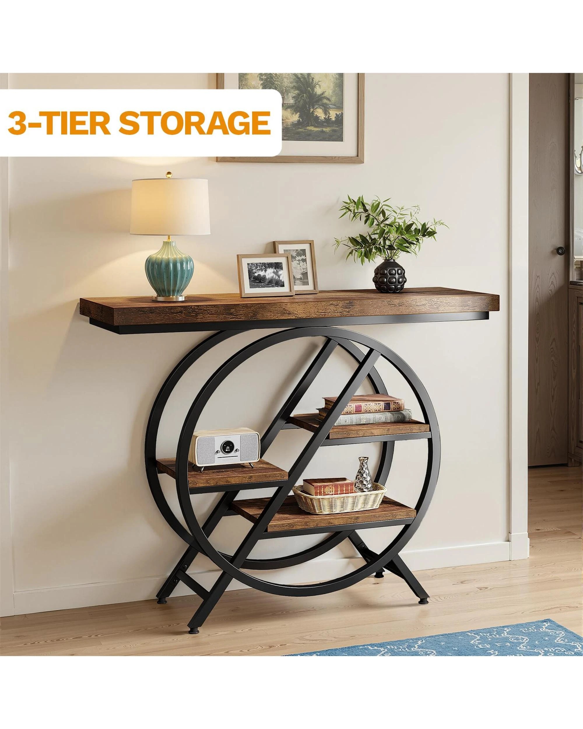 3 OAKORY 100cm Console Table, 4-Tier Industrial Hallway Table with Metal Frame, Rustic Brown, 3 of 7