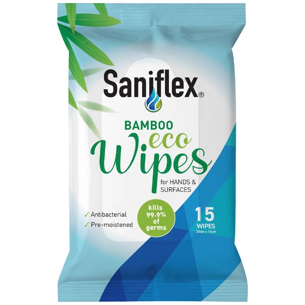 1 Saniflex Bamboo Antibacterial Hand and Surface Wipes 15 Pack, 1 of 2