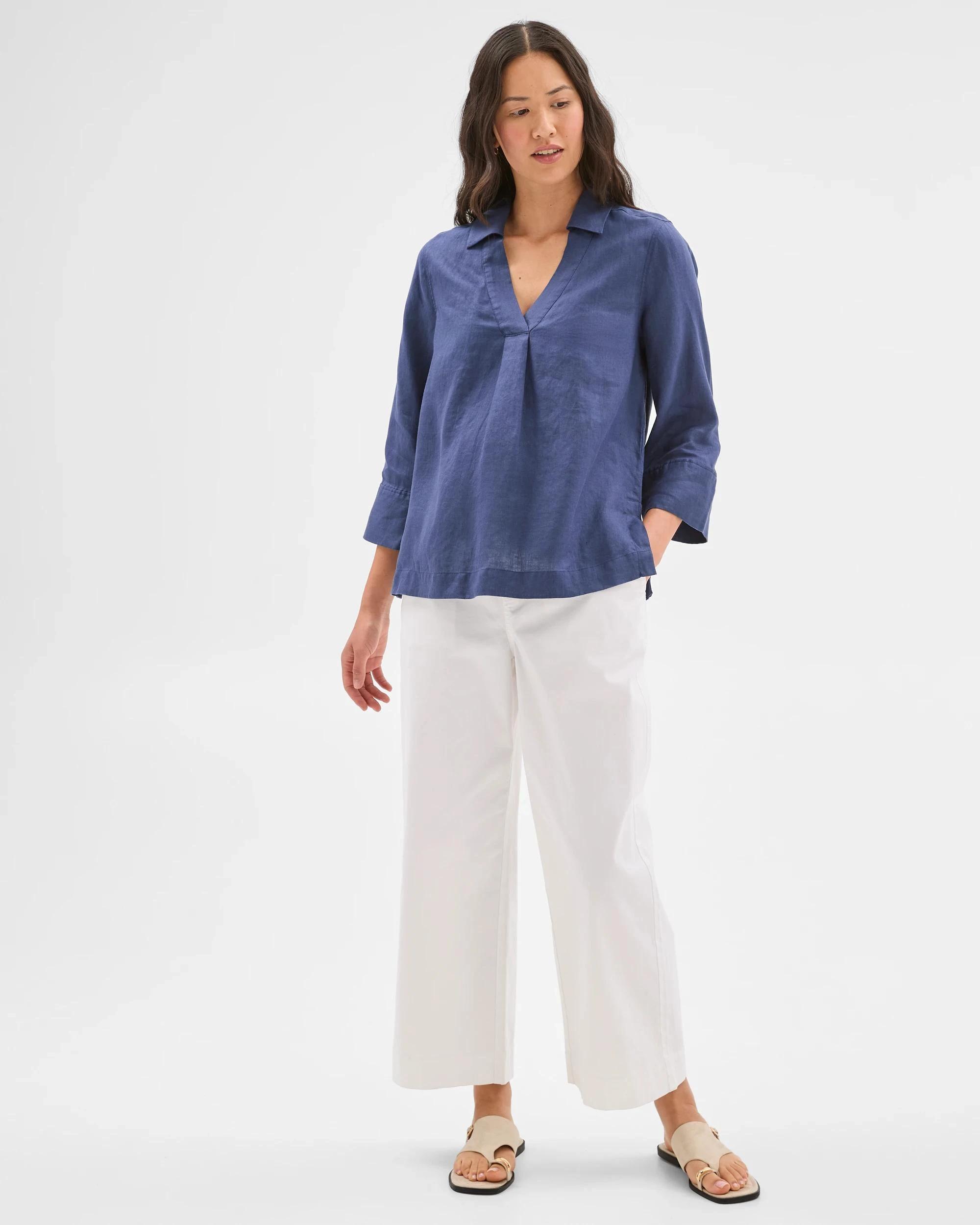 1 Target Woman European Linen 3/4 Sleeve Popover Shirt BLUE INDIGO, 1 of 4