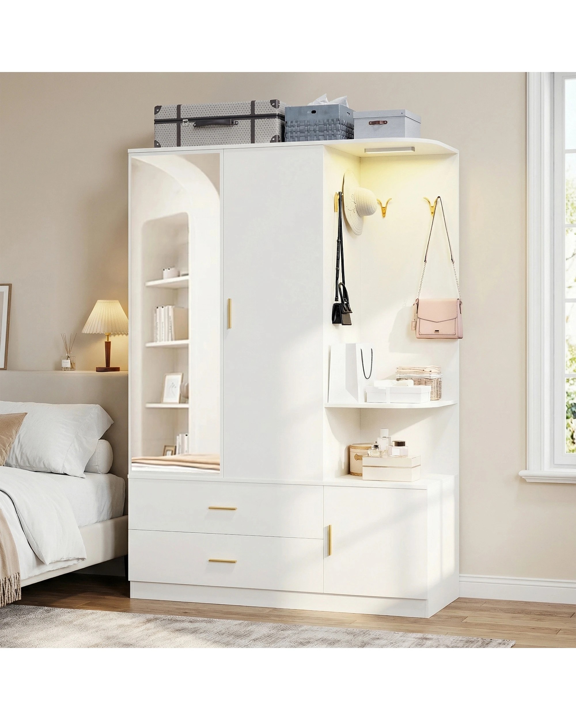 7 Advwin 3 Doors Armoire Wardrobe Closet with Mirror & Sensor Light - White, 7 of 9