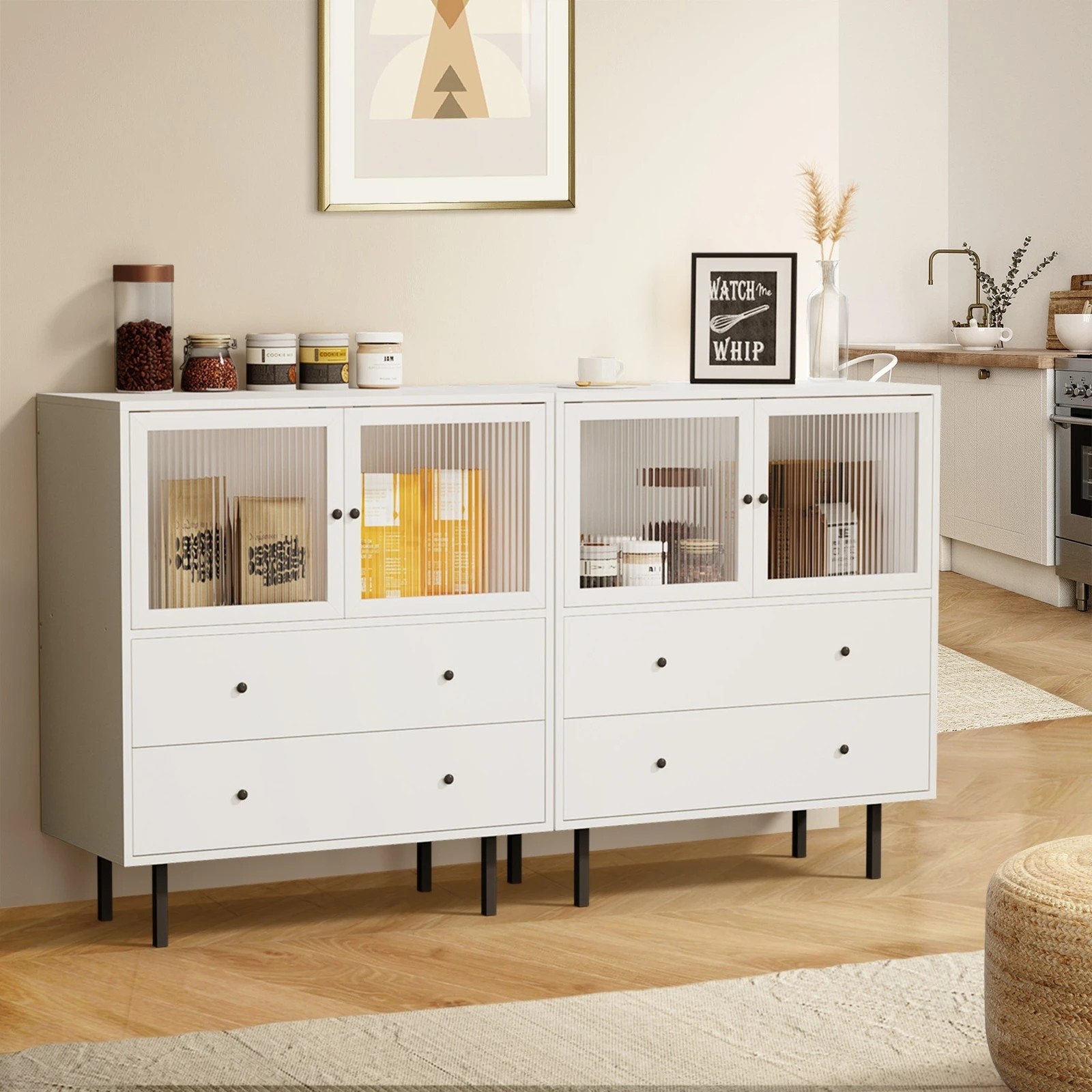 3 Oikiture Sideboard Buffet Storage Cabinet Tempered Glass Door
 - White, 3 of 10