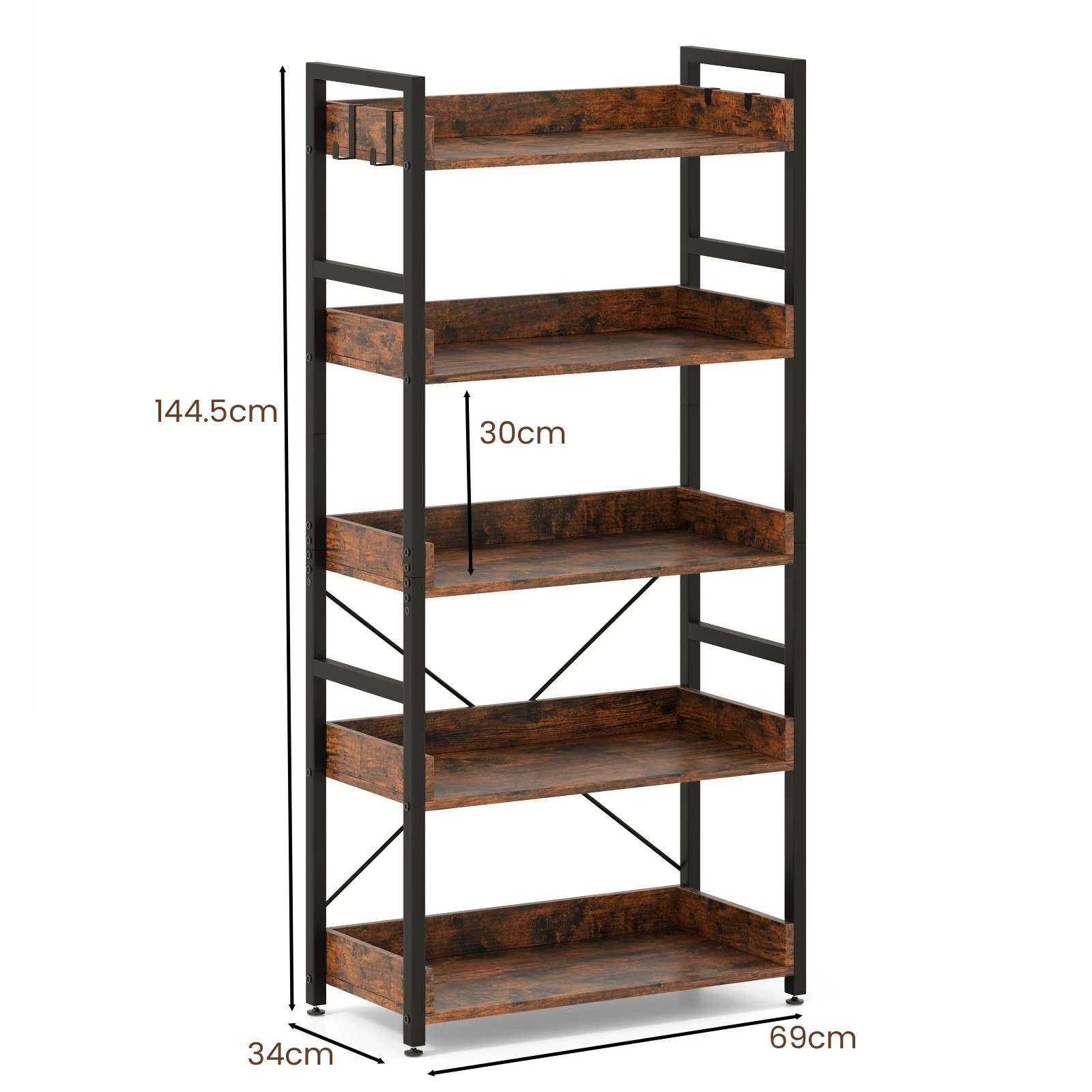 4 Costway 5-Tier Bookshelf w/Hooks Tall Bookcase Corner Storage Rack Display Shelf - Brown, 4 of 4