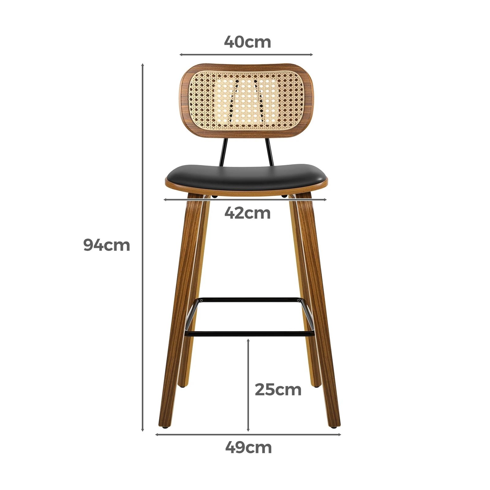 6 Alfordson 2x Bar Stools Kitchen Vintage Leather Seat Rattan Chair Wooden - Black, 6 of 8