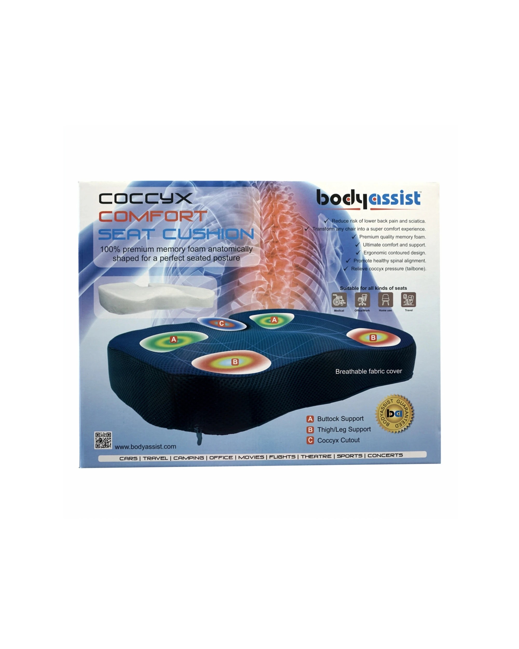 5 Bodyassist Coccyx Comfort Seat Cushion Memory Foam With Large Hot Cold Gel Pack - Black, 5 of 5