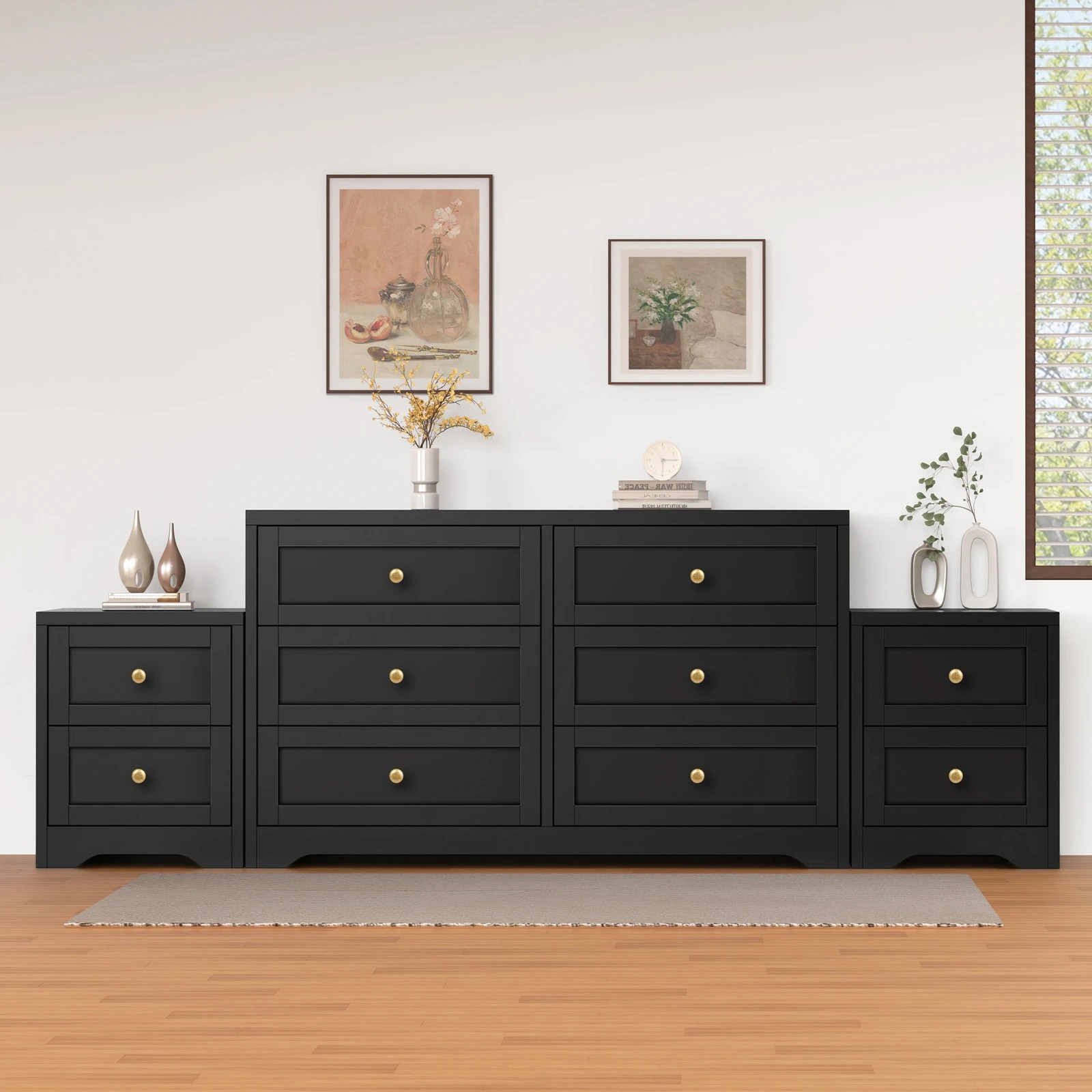 2 Alfordson 6 Chest of Drawers 2x Bedside Table Hamptons Bedroom Storage - Black, 2 of 10