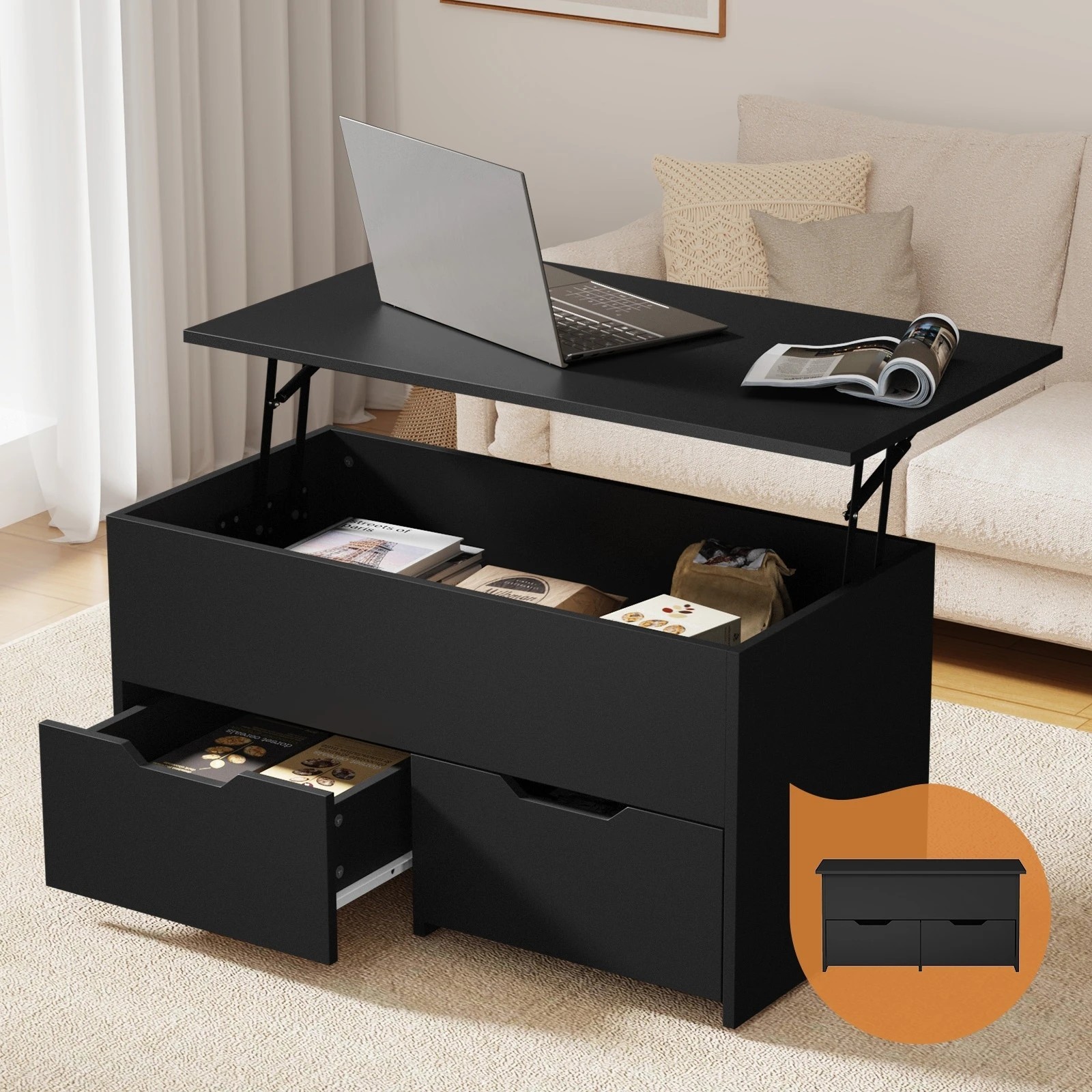 3 Oikiture Coffee Table Lift Up Top With Drawers Hidden Book Storage Black - Black, 3 of 7