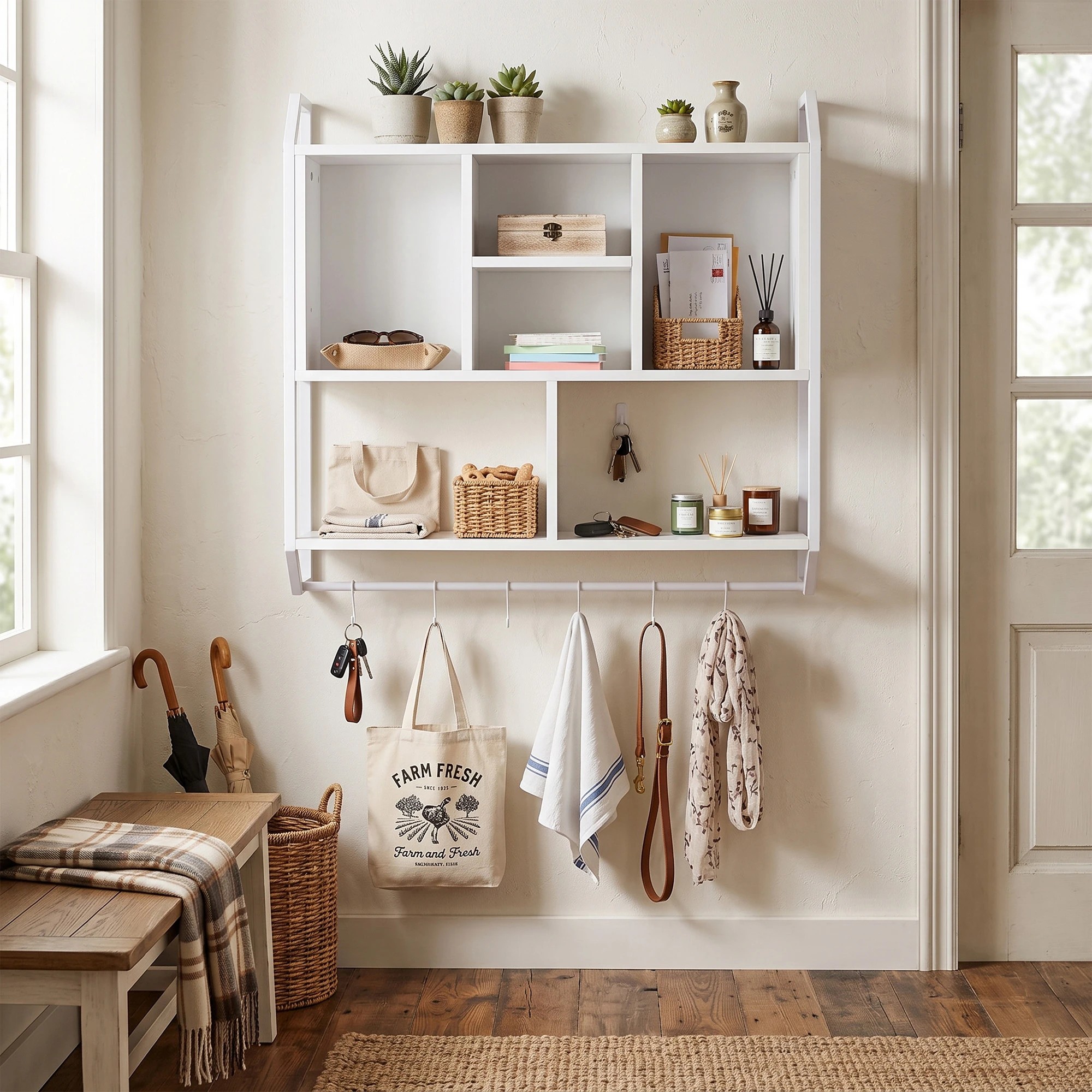 6 Artiss Floating Wall Shelf 6 Hooks Wall Mounted Storage Cubby Rack 73.5x74CM - White, 6 of 8