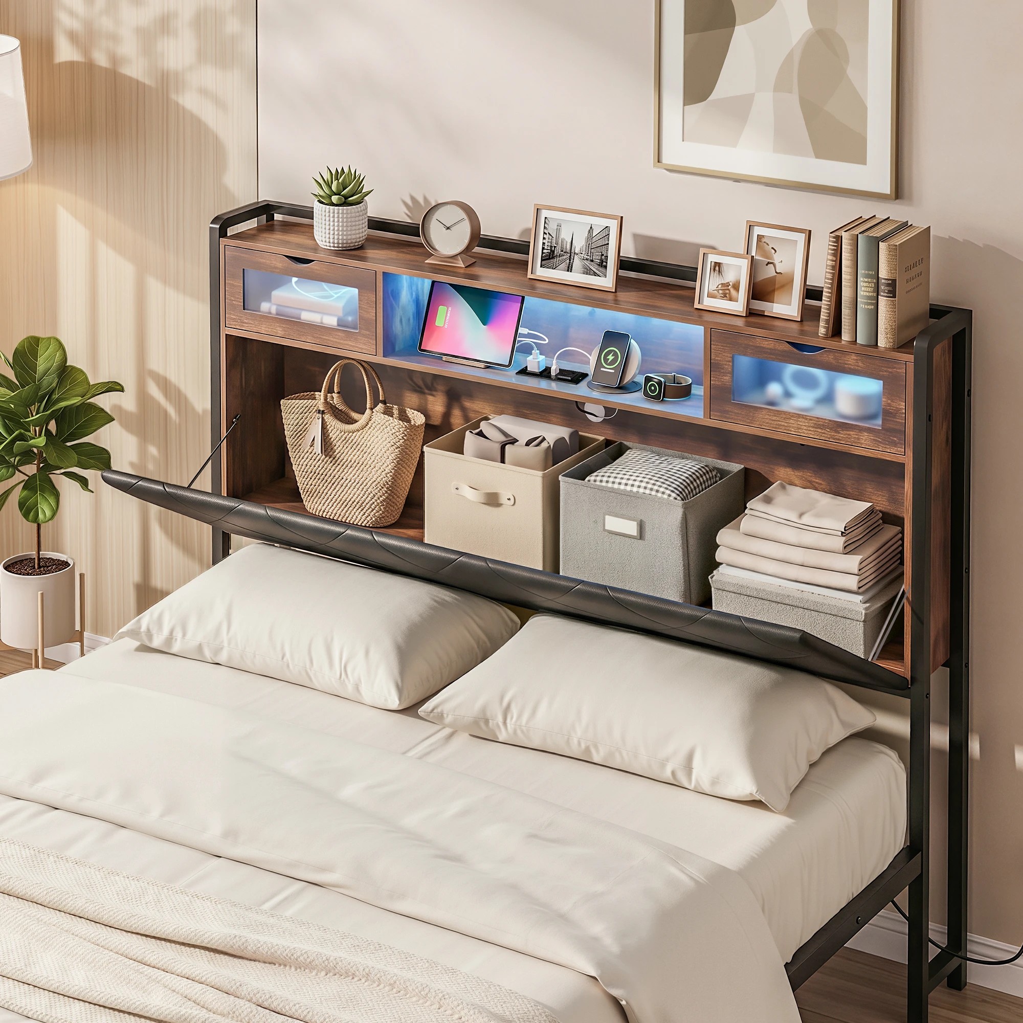 5 Artiss Double Bed Frame with LED Lights Storage Headboard 2 USB 2 AC Outlets Charging Station - Black, 5 of 10