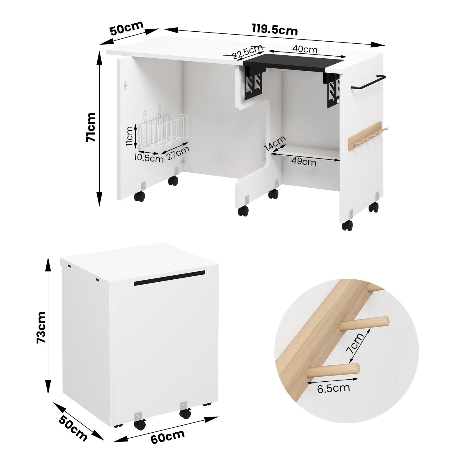 3 Advwin Folding Sewing Table with Adjustable Platform Lockable Wheels Thread Rack Storage Bin Shelf - White, 3 of 9