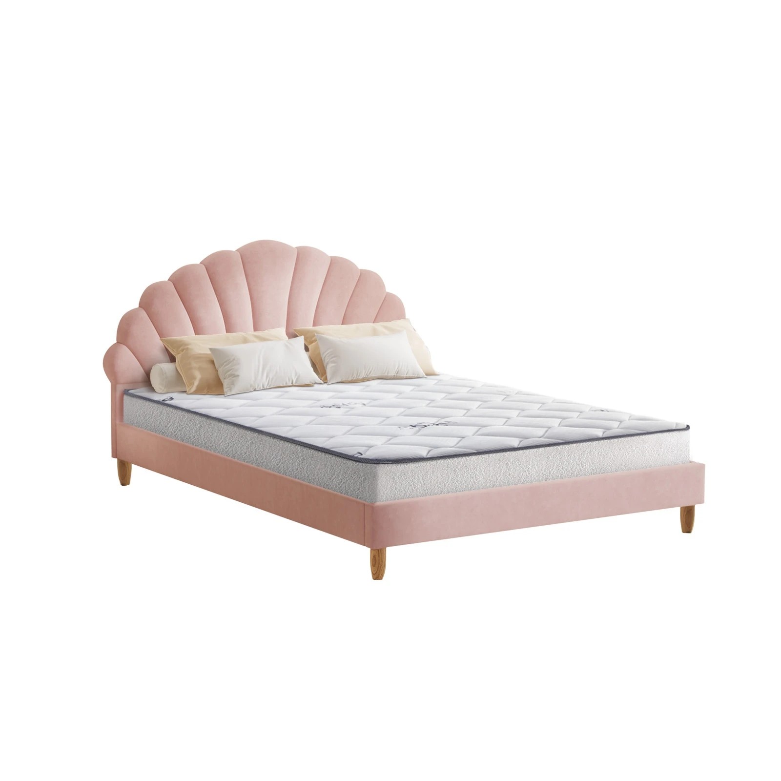 1 Oikiture Bed Frame Double Size Scallop-Shape Bedhead Velvet with Mattress - Pink, 1 of 8
