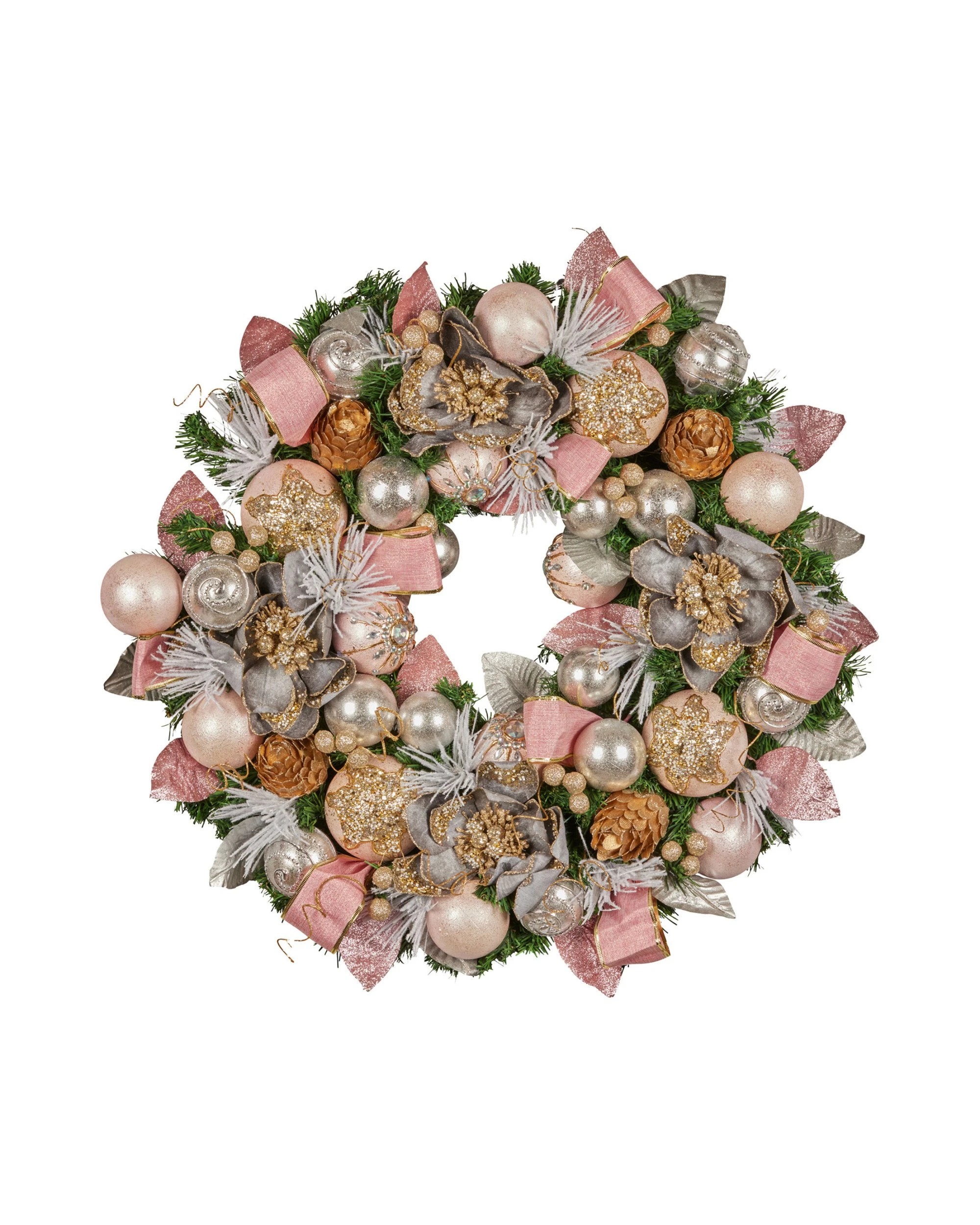 1 Christabelle 71cm Christmas Wreath Pink Front Door Decoration Jewelled Baubles Flowers Pine Cones Ribbons Ornaments, 1 of 9