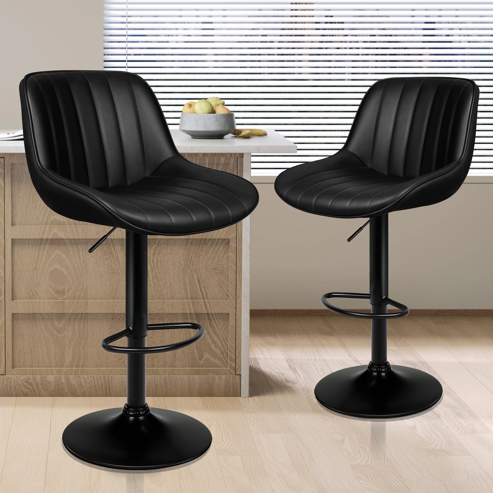 3 Alfordson 2x Bar Stools Gas Lift Leather Bar Chairs Kitchen Swivel - Black, 3 of 10