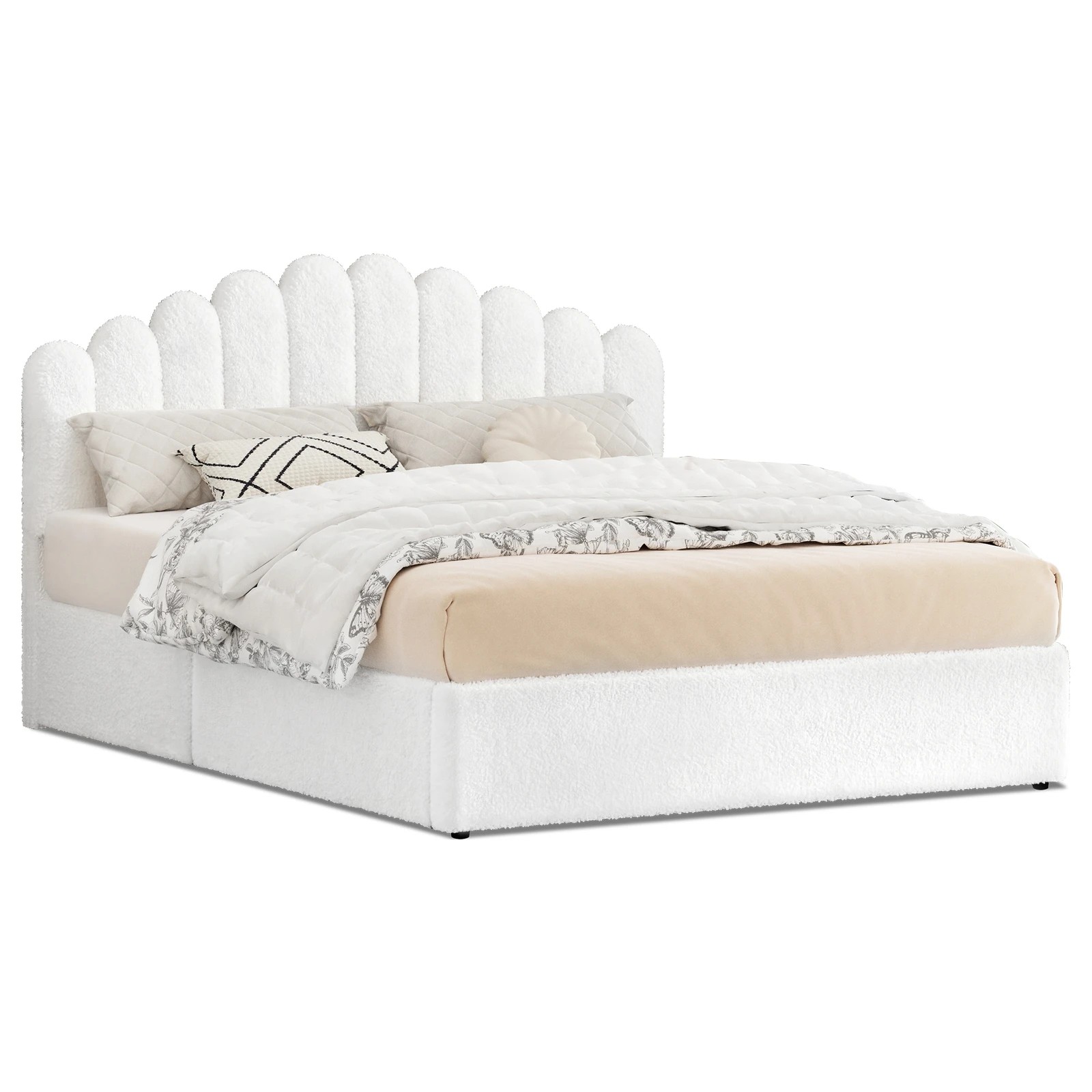 1 Alfordson Bed Frame King Size Gas Lift Storage Base Wooden Boucle Mutis - White, 1 of 10