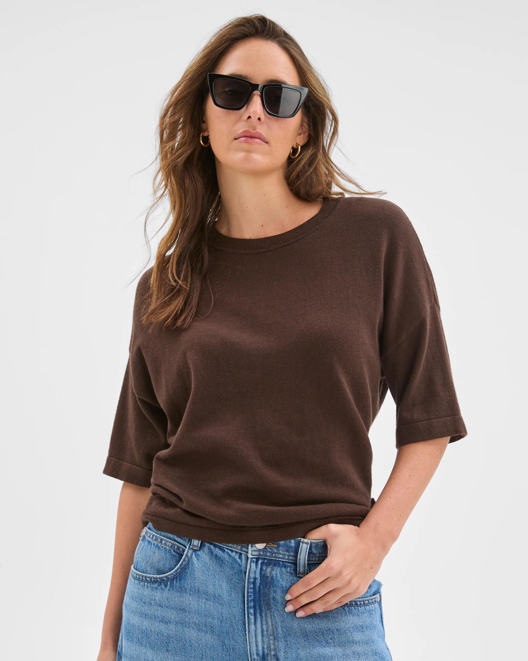 1 Target Woman Cotton Cashmere Crew Neck Knit T-Shirt COFFEE BEAN, 1 of 6