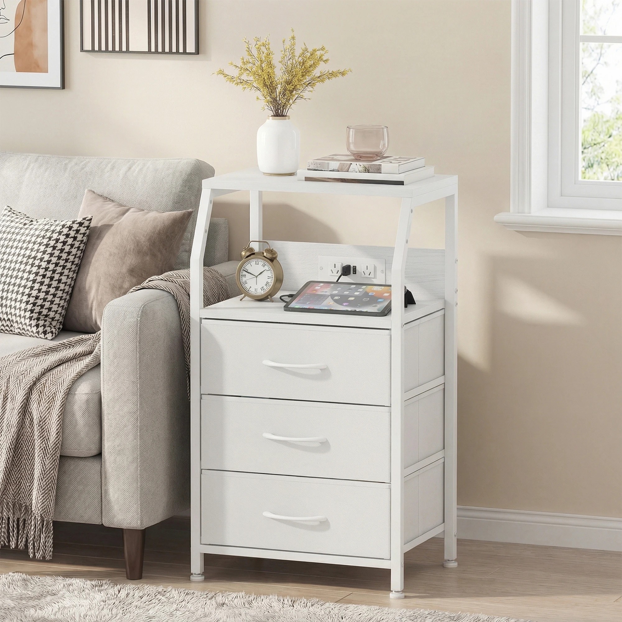 8 Advwin Set of 2 Bedside Table with Charging Station 3 Fabric Drawers Nightstand - White, 8 of 10