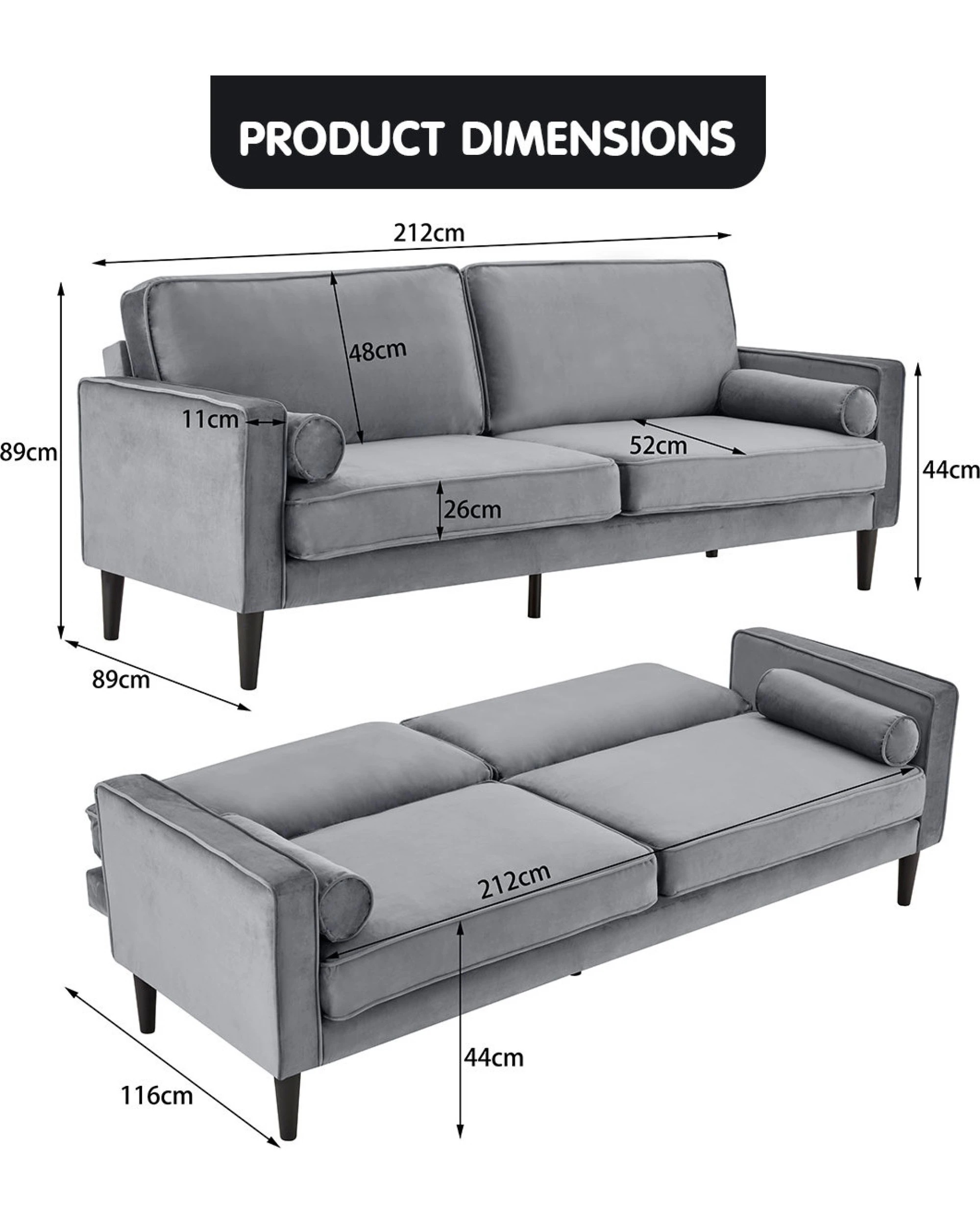 9 Sarantino Faux Velvet Sofa Bed Couch Furniture Lounge Suite Seat Grey, 9 of 10