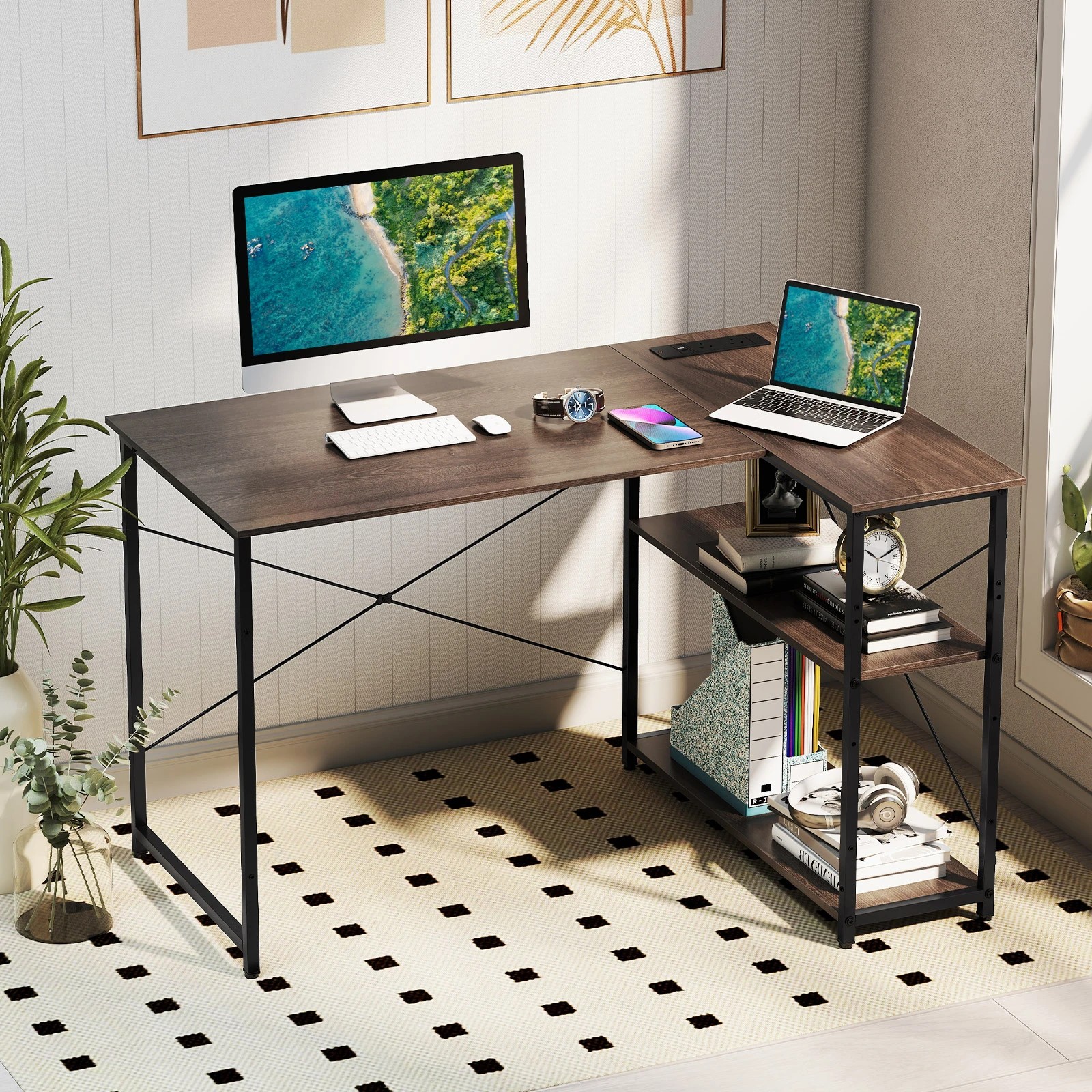 2 Costway L-Shaped Computer Desk w/Adjustable Storage Shelves & Power Outlet, 2 of 4