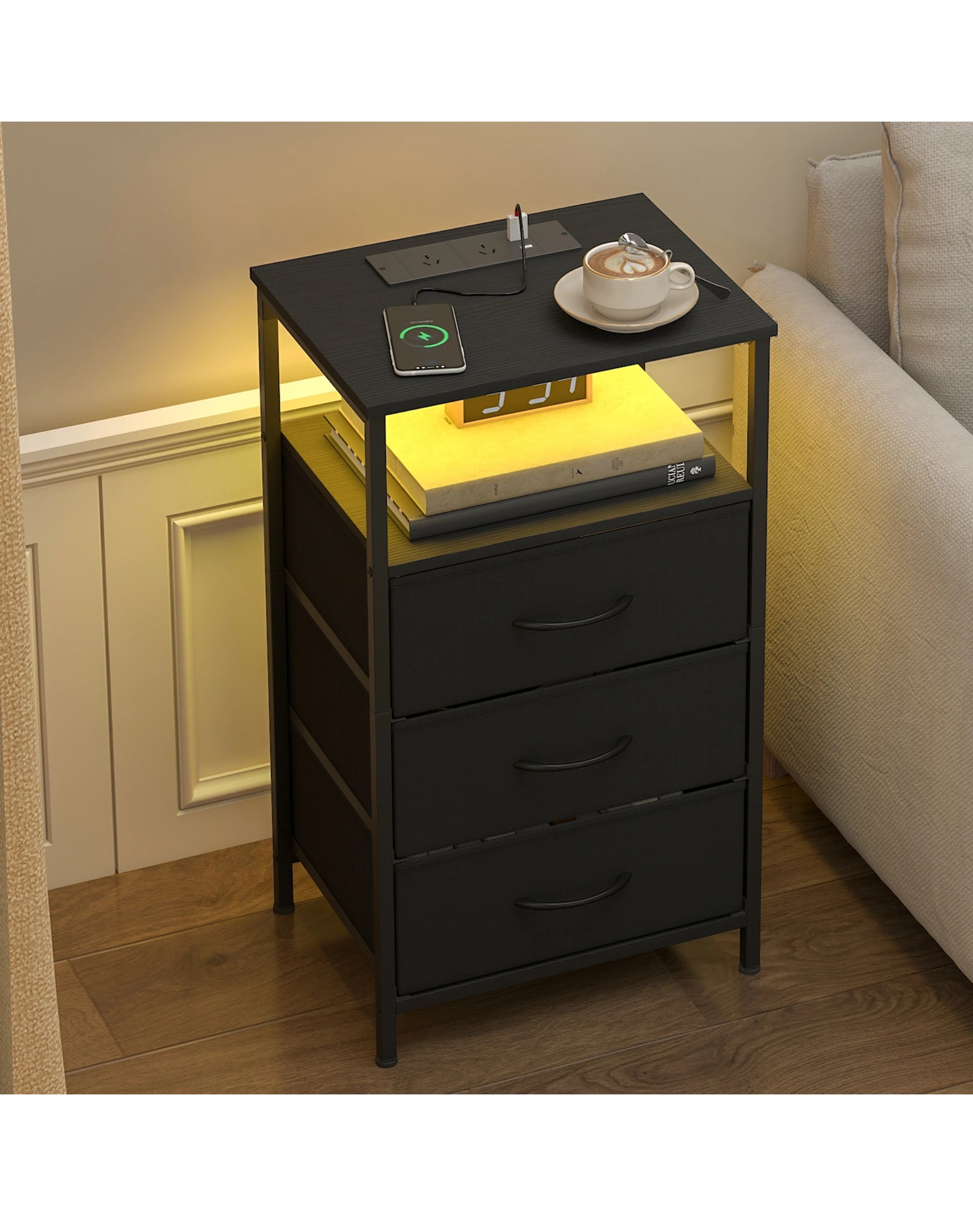 3 Advwin Led Bedside Table Set Of 2 With Charging Station 3 Fabric Drawers Nightstand
 - Black, 3 of 6