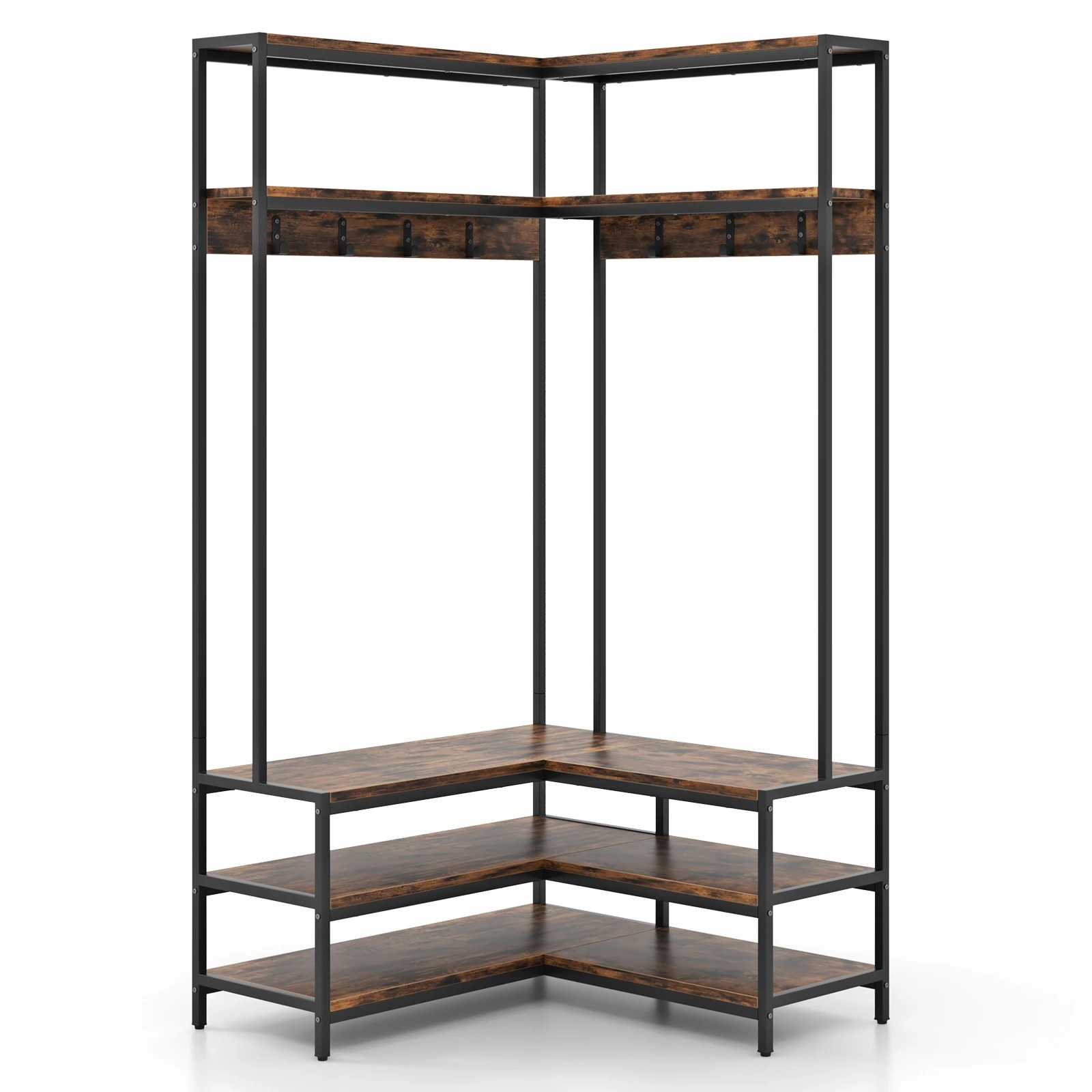 1 Costway 5-Tier Coat Rack L-shaped Corner Garment Display Shelf w/Shoe Storage Clothes Stand Organiser - Brown, 1 of 4