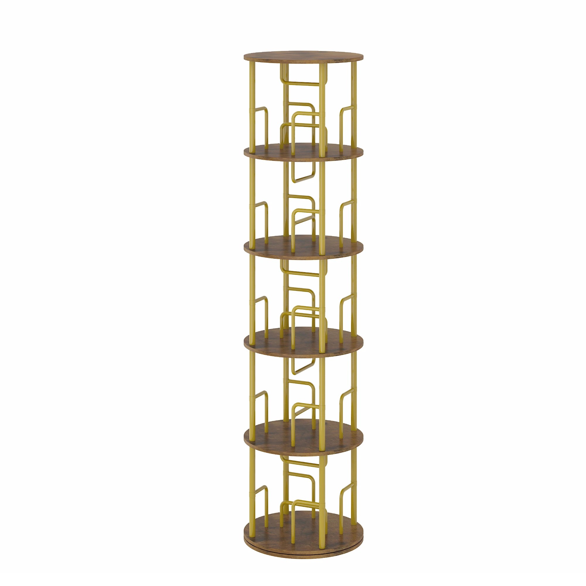 1 Advwin 5 Tier Rotating Bookshelf Round Corner Standing Display Shelf Organizer - Gold, 1 of 6