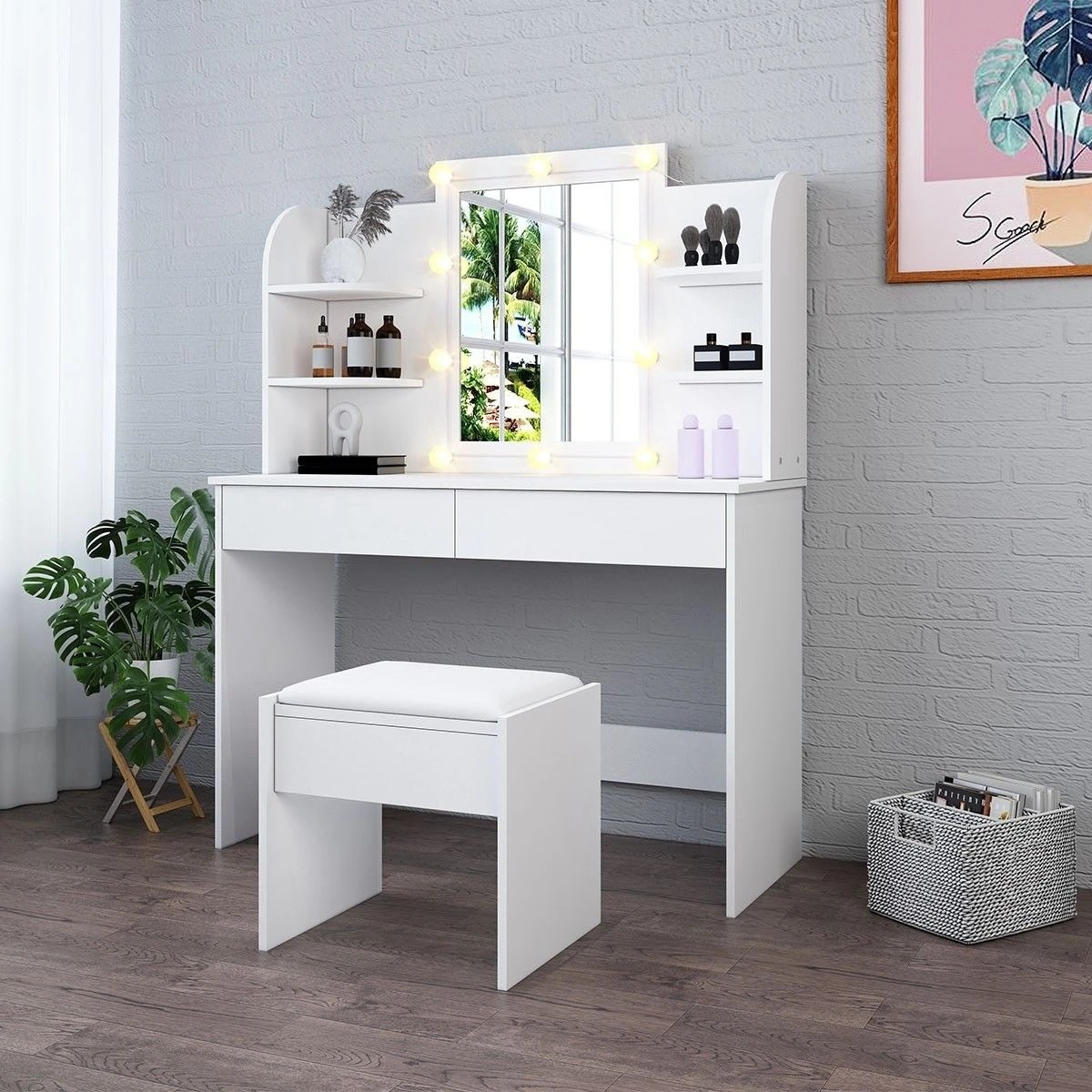 6 Ausway Dressing Table Makeup Vanity Stool Set with Drawers and Lighted Mirror, 6 of 8