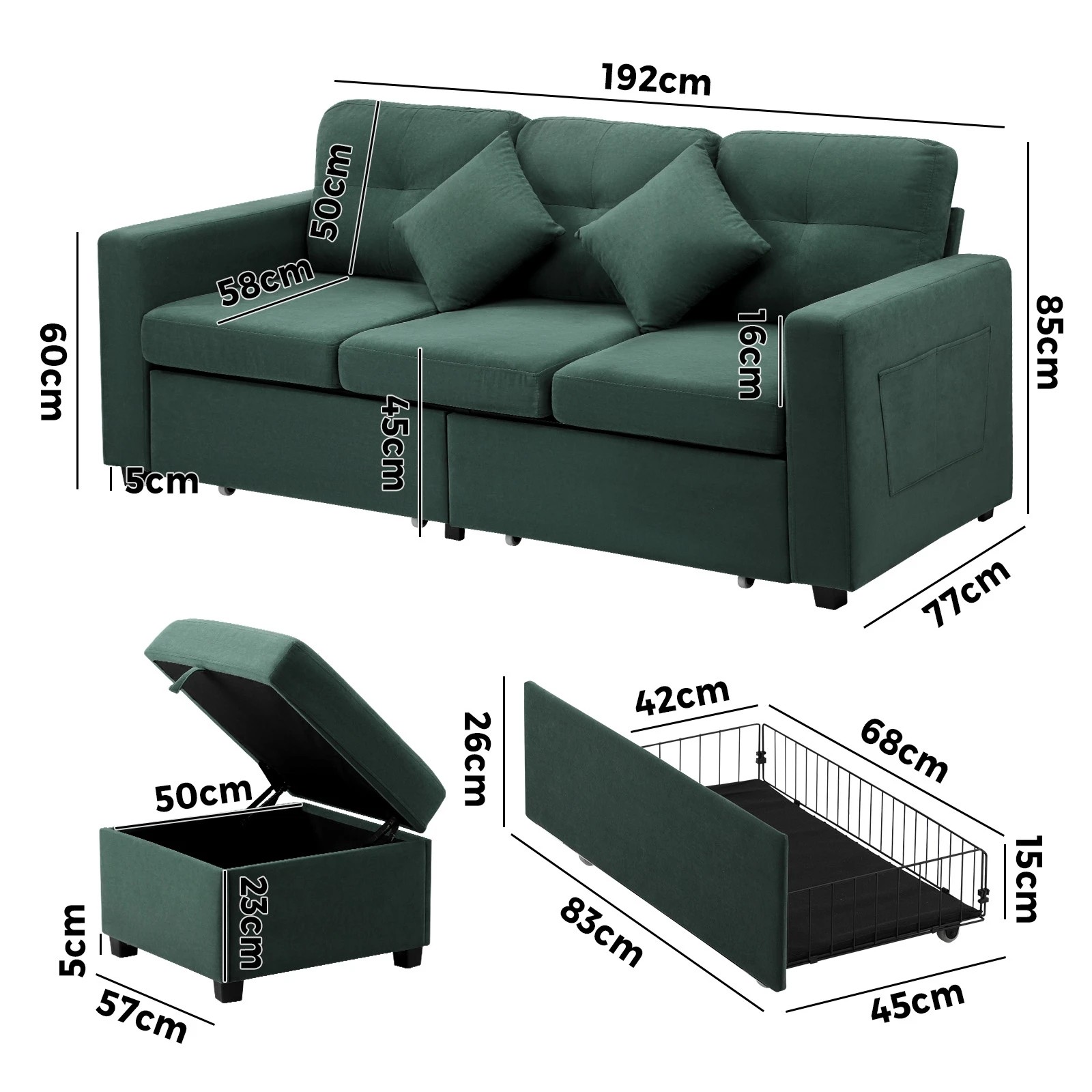 4 Oikiture 3 Seater Sofa Lounge Set Modular Couch Drawers&ottoman Velvet
 - Green, 4 of 10