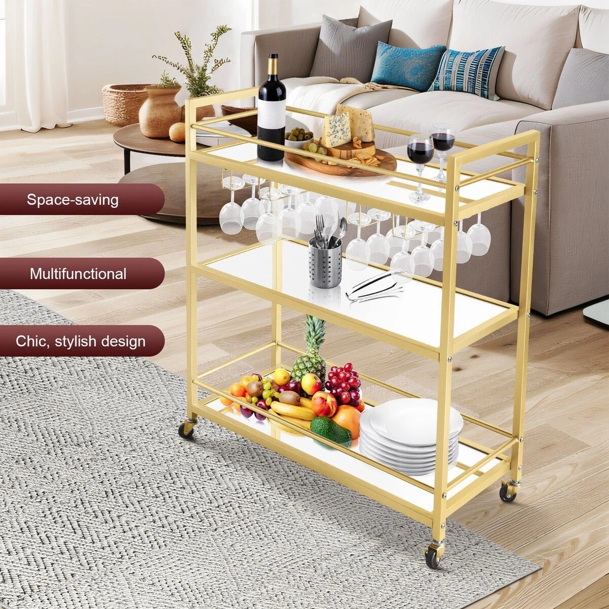 7 Ausway Bar Cart Wine Rack Drinks Trolley Coffee Tea - Gold, 7 of 8