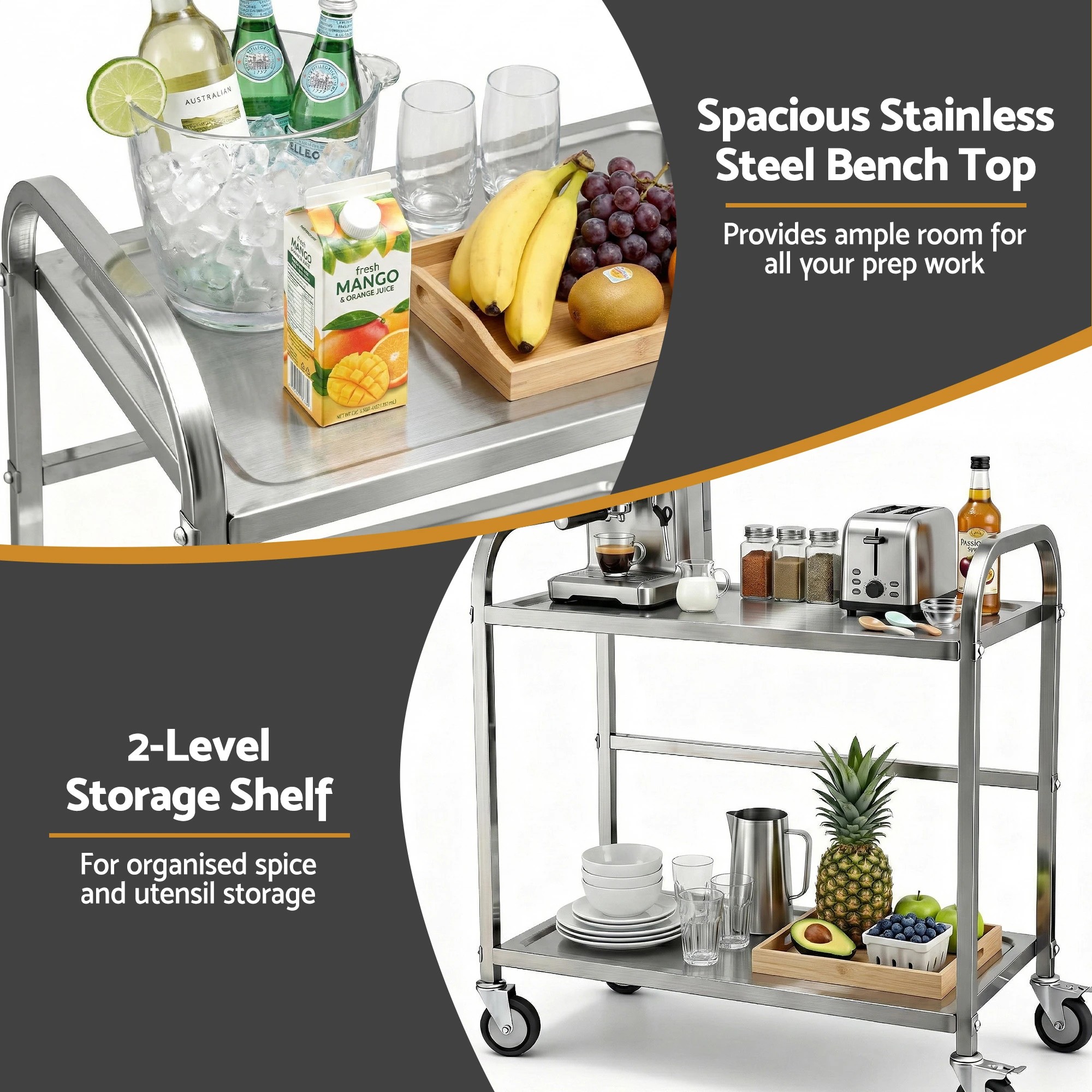 2 Cefito 2-Tier Stainless Steel Kitchen Trolley with Wheels 84x56x98cm - Silver, 2 of 6