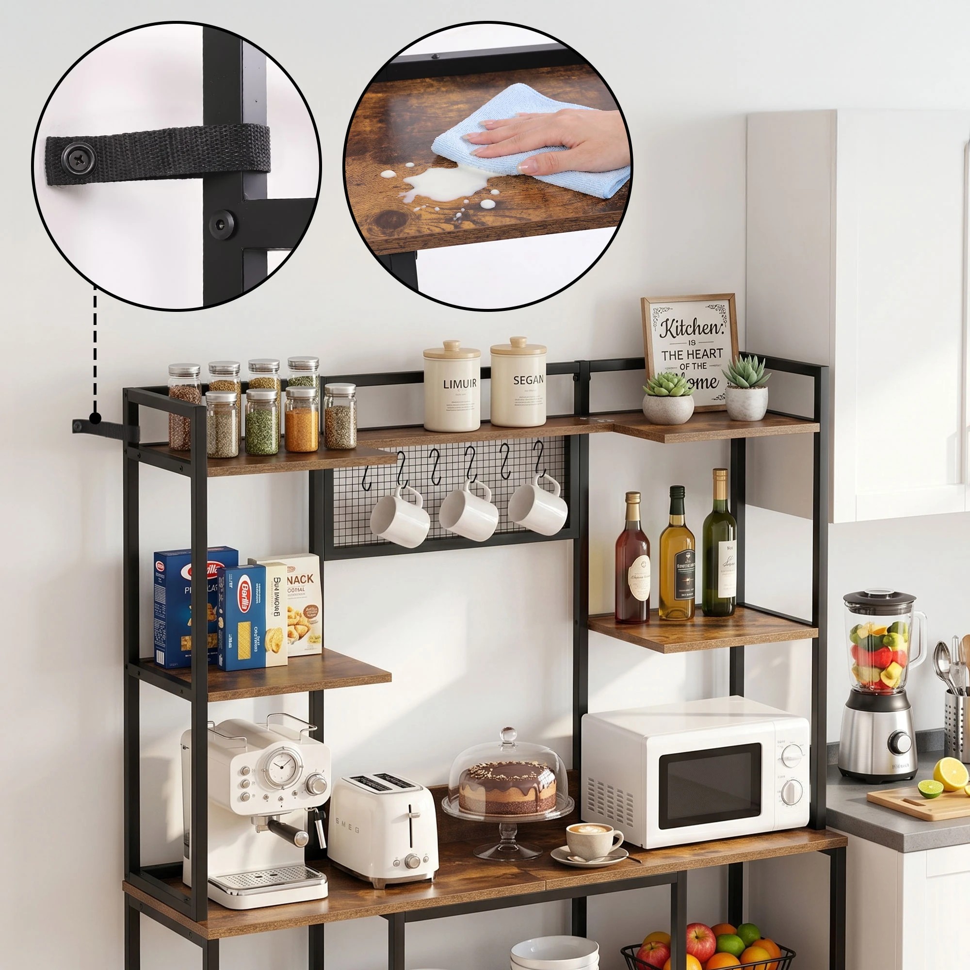 7 Artiss Kitchen Rack with 6 Hooks Microwave Storage Shelf 120cm x 170cm - Brown, 7 of 9