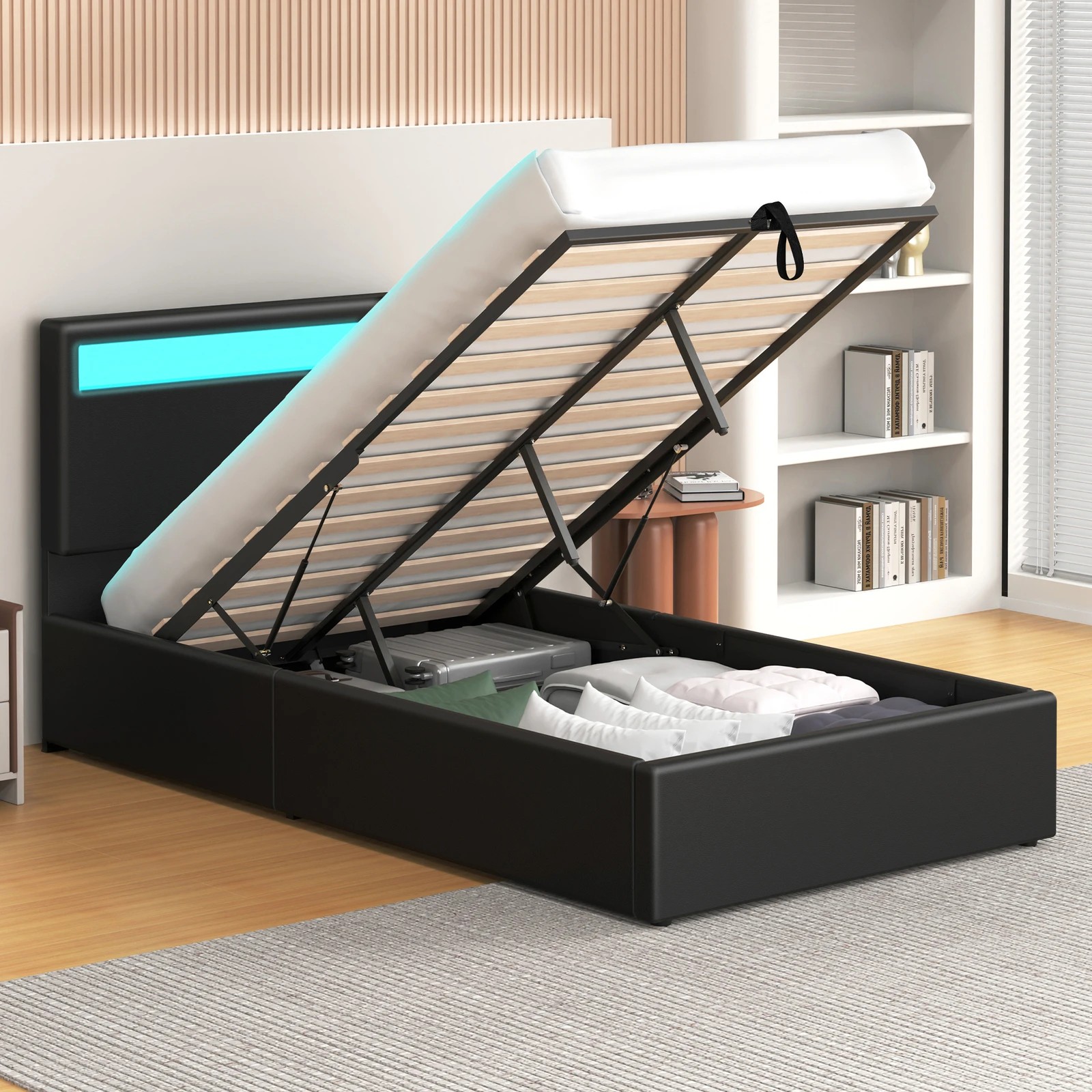 4 Alfordson Bed Frame Single Size RGB LED Gas Lift Storage Base Luchino - Black, 4 of 10