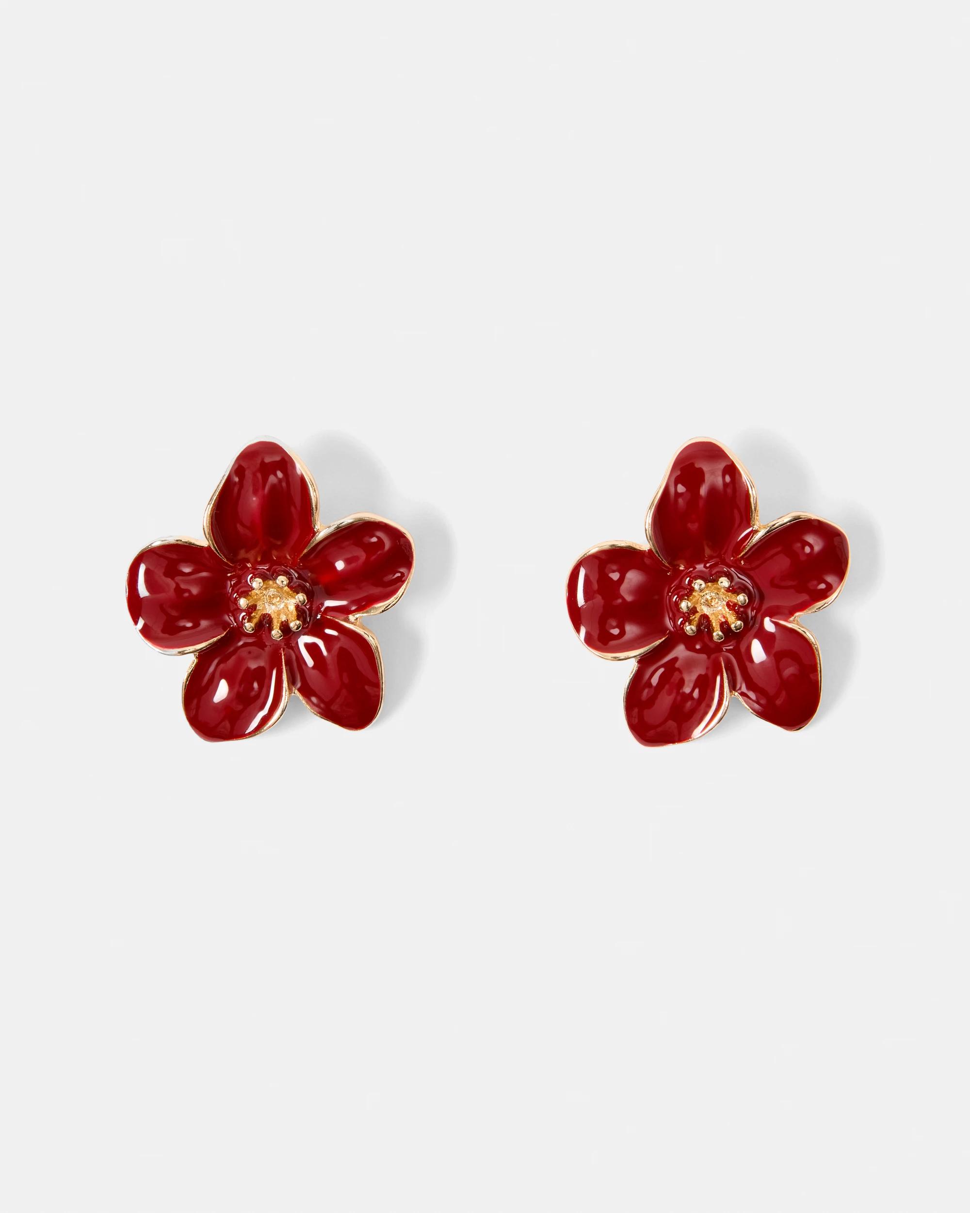 1 Flower Stud Earrings - Red and Gold Tone Red, 1 of 5