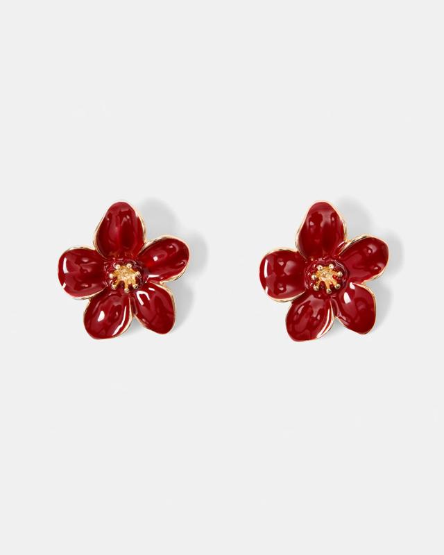 Flower Stud Earrings - Red and Gold 