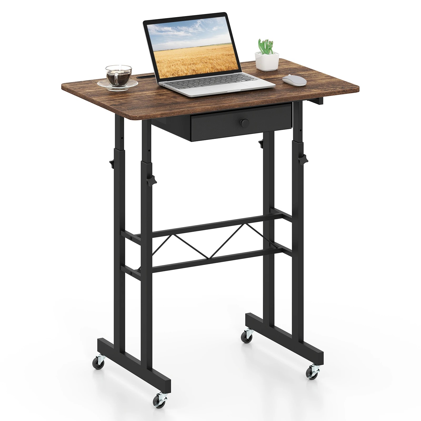 6 Costway Mobile Standing Desk Adjustable Sit Stand Laptop Desk w/Fabric Drawer - Brown, 6 of 6