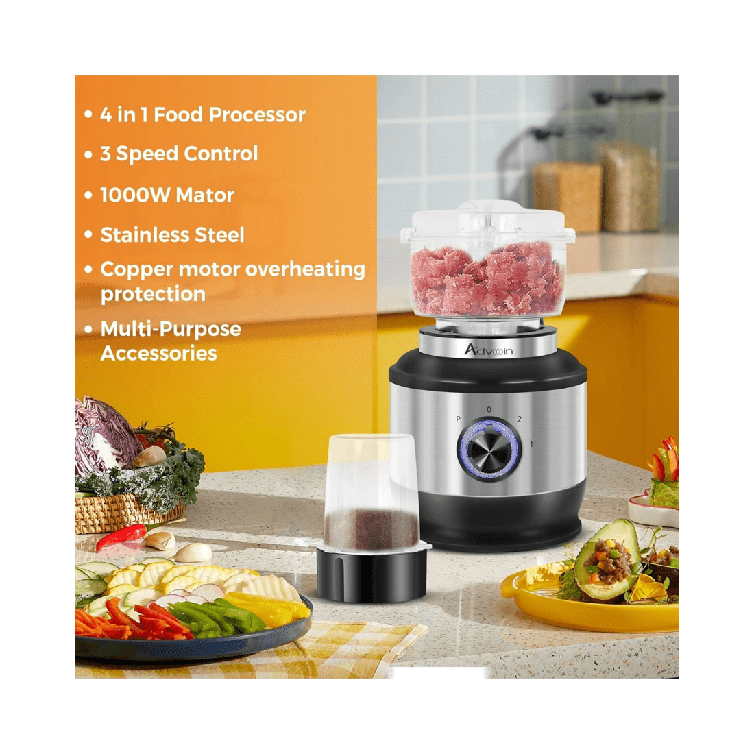 4 Advwin Multi Blender, 4 In 1 Food Processor, 1000w Kitchen Electric Food Chopper, Juicer Meat Mixer Grinder, 4 of 6