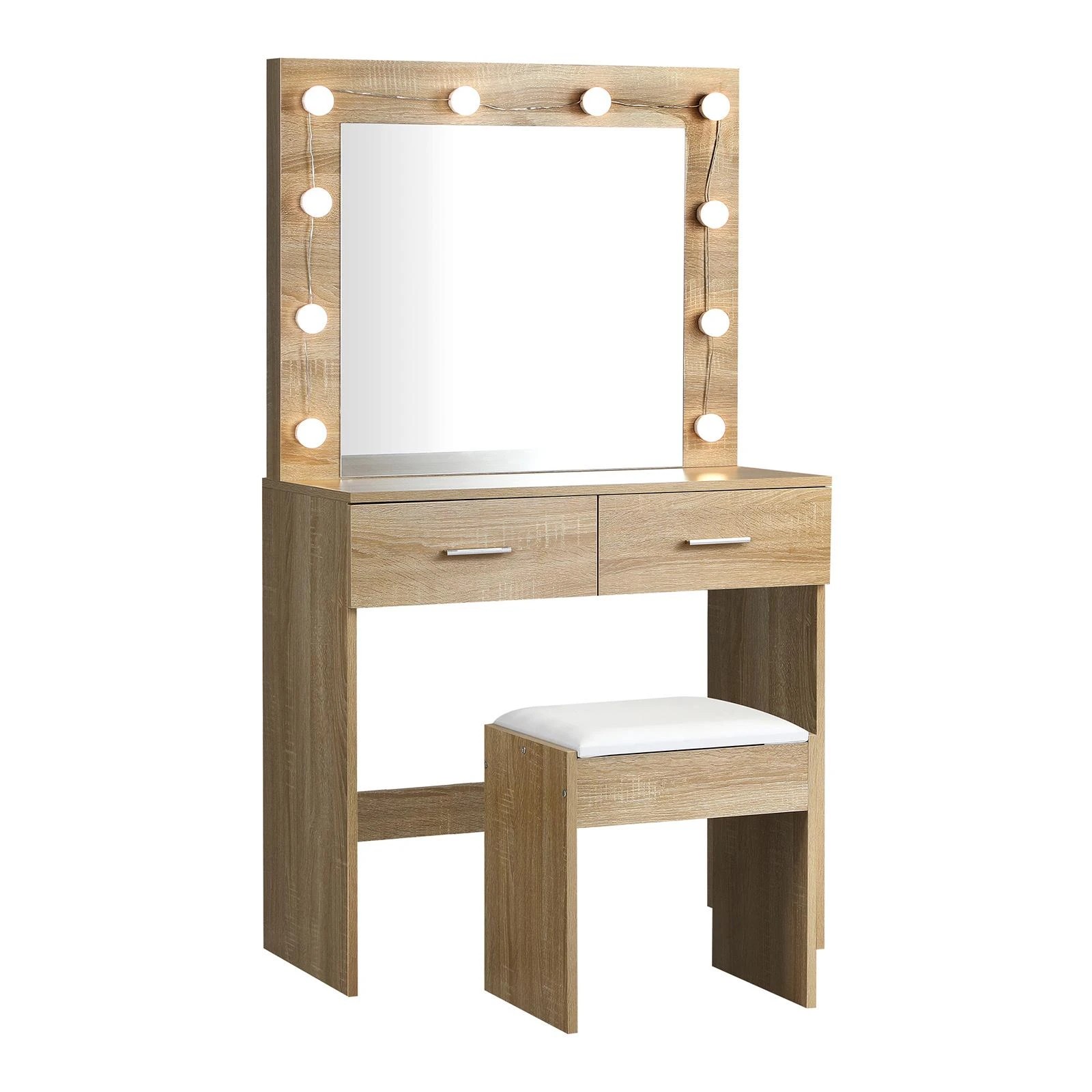 7 Oikiture Dressing Table Stool Set Makeup Mirror Storage Desk 10 Led Bulbs Wooden
 - Natural, 7 of 9