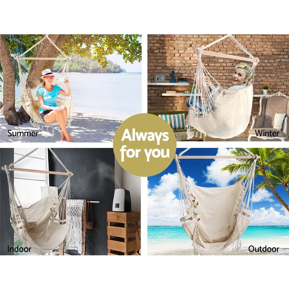 3 Gardeon Hanging Hammock Chair Outdoor Swing Hammocks Tassel Cream - Beige, 3 of 8