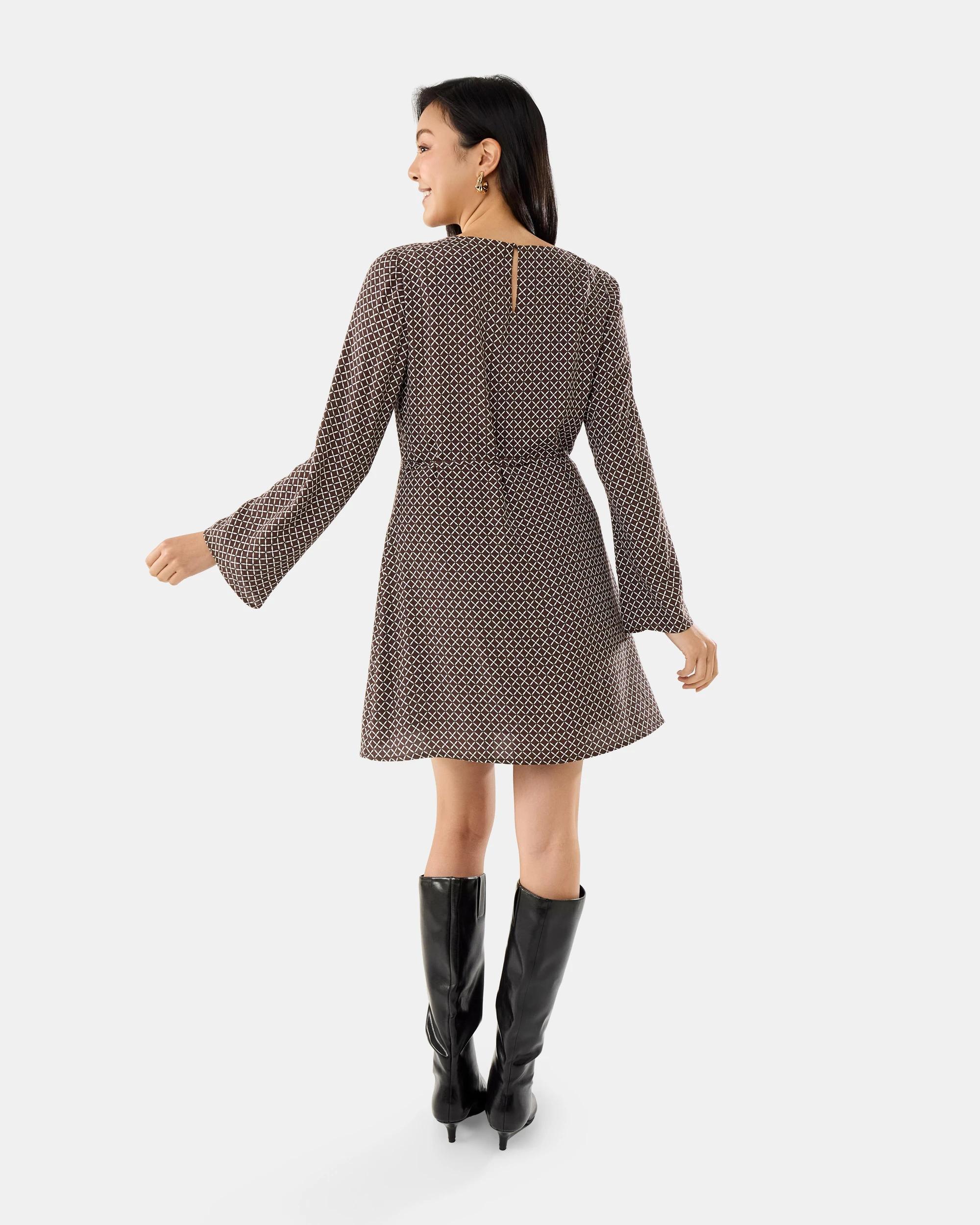 4 Long Sleeve Crepe Tie Mini Dress Mono Tile, 4 of 9