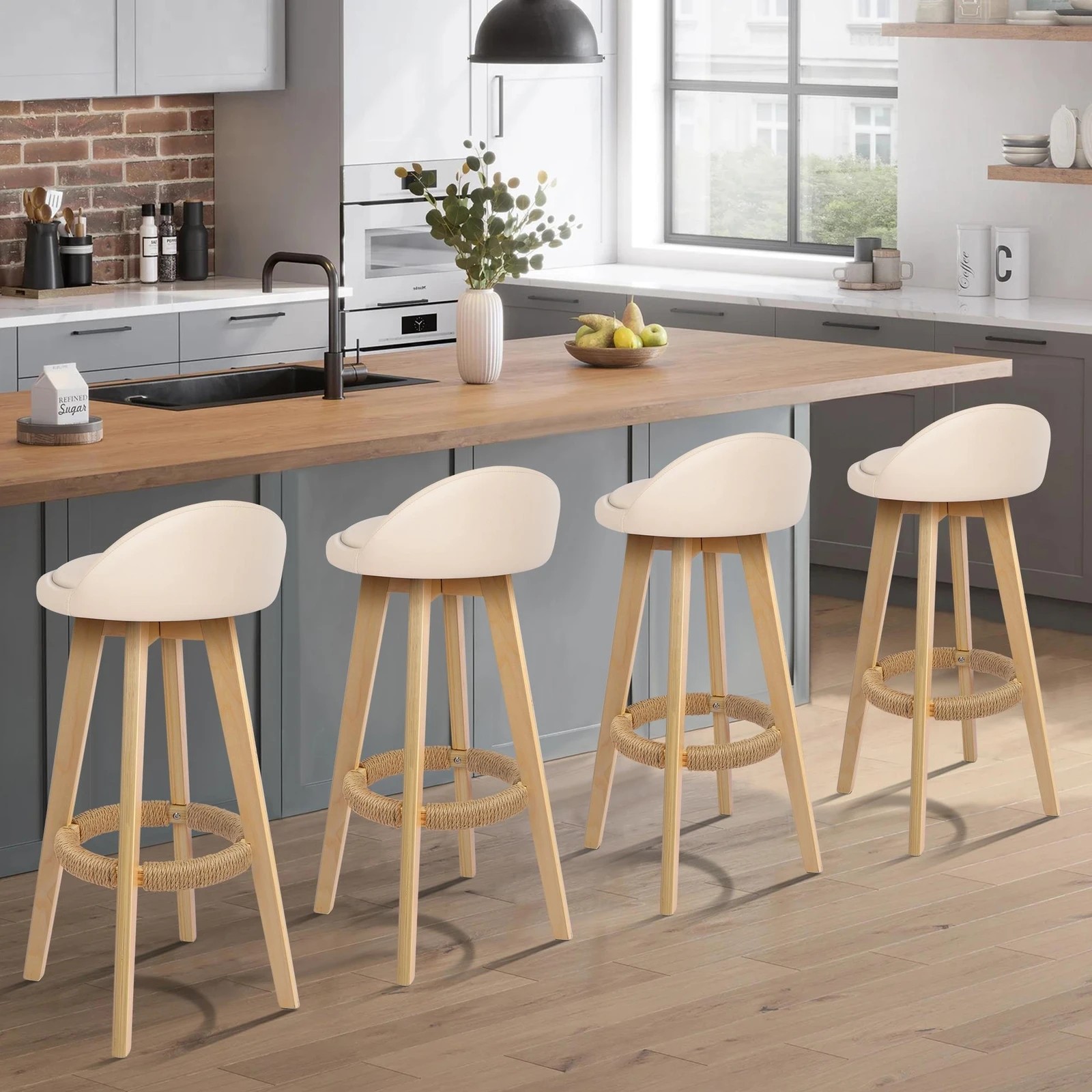 2 Alfordson 4x Kitchen Bar Stools Liam Wooden Swivel Bar Stool Chairs - Beige, 2 of 10