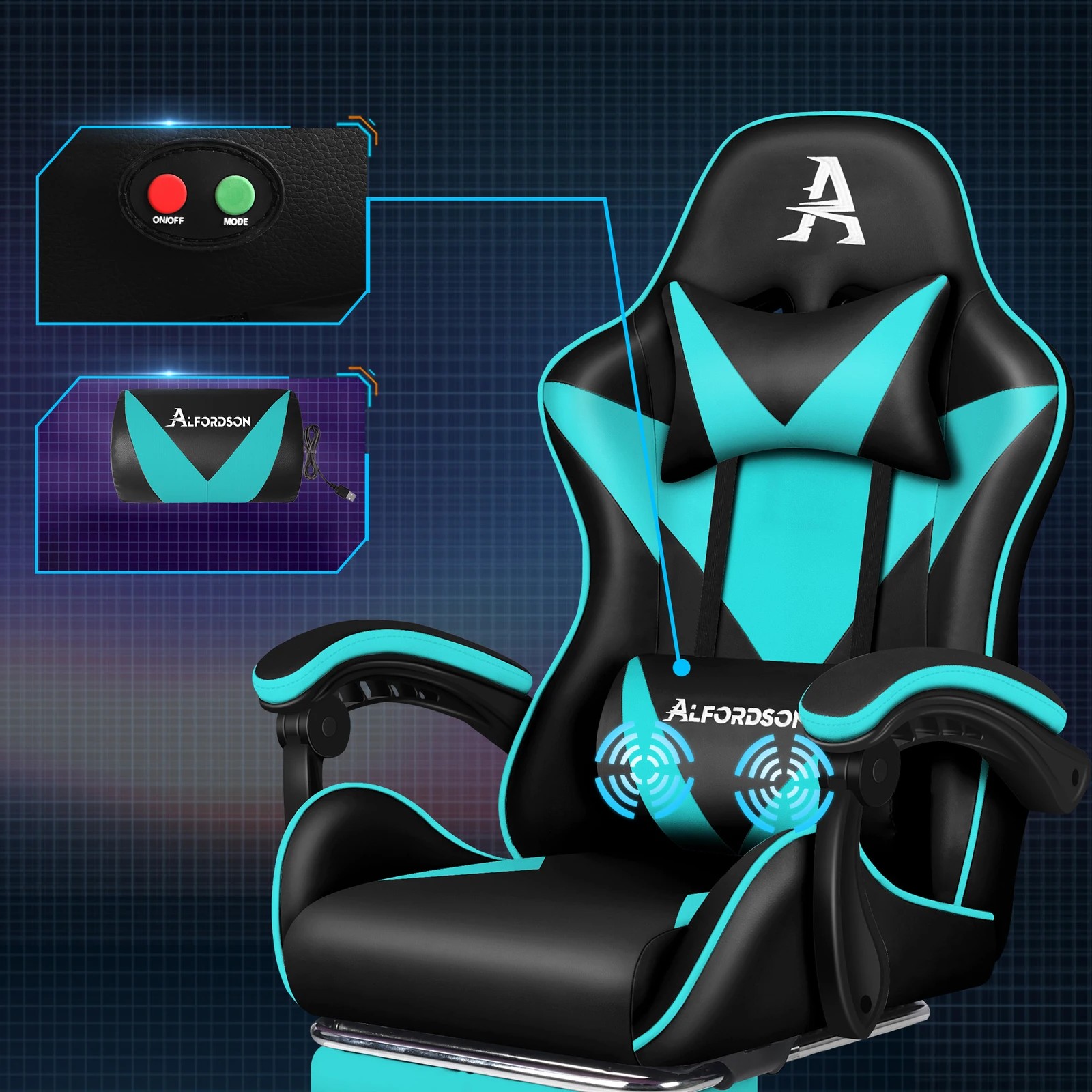 3 Alfordson Gaming Office Chair Massage Computer Footrest Leather - Cyan, 3 of 10