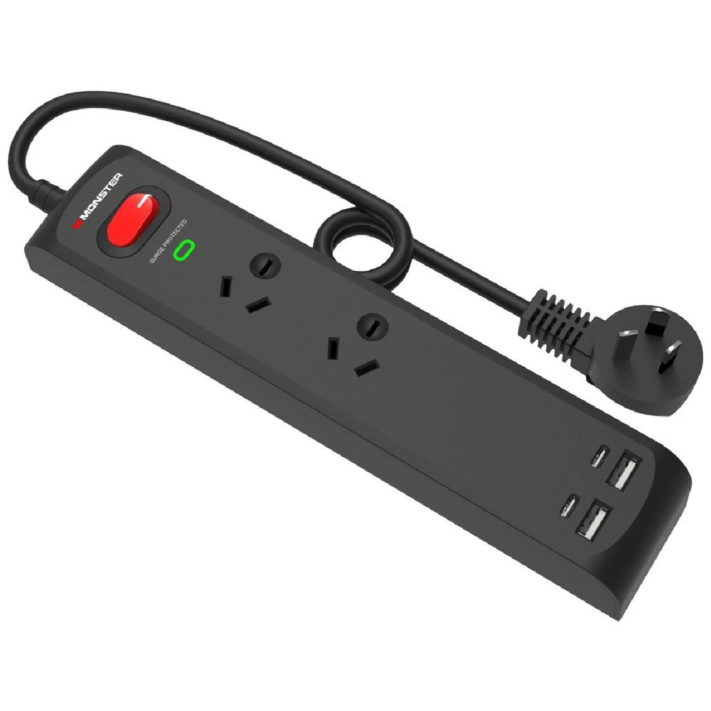 1 Monster 2 Socket 4 USB Surge Protector Black, 1 of 3